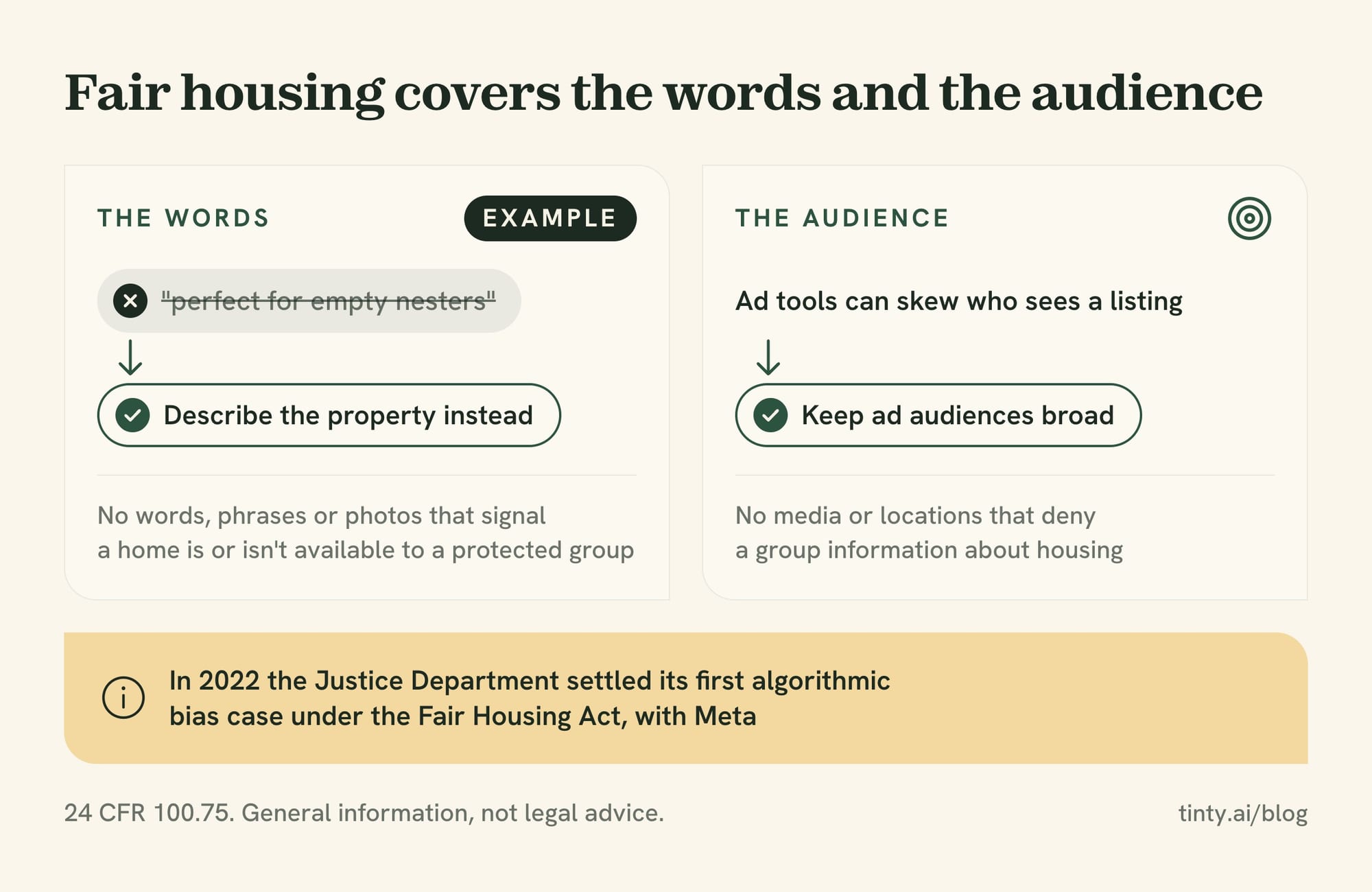 Fair housing rules for AI ad copy and targeting: describe the property, not the buyer, and keep ad audiences broad