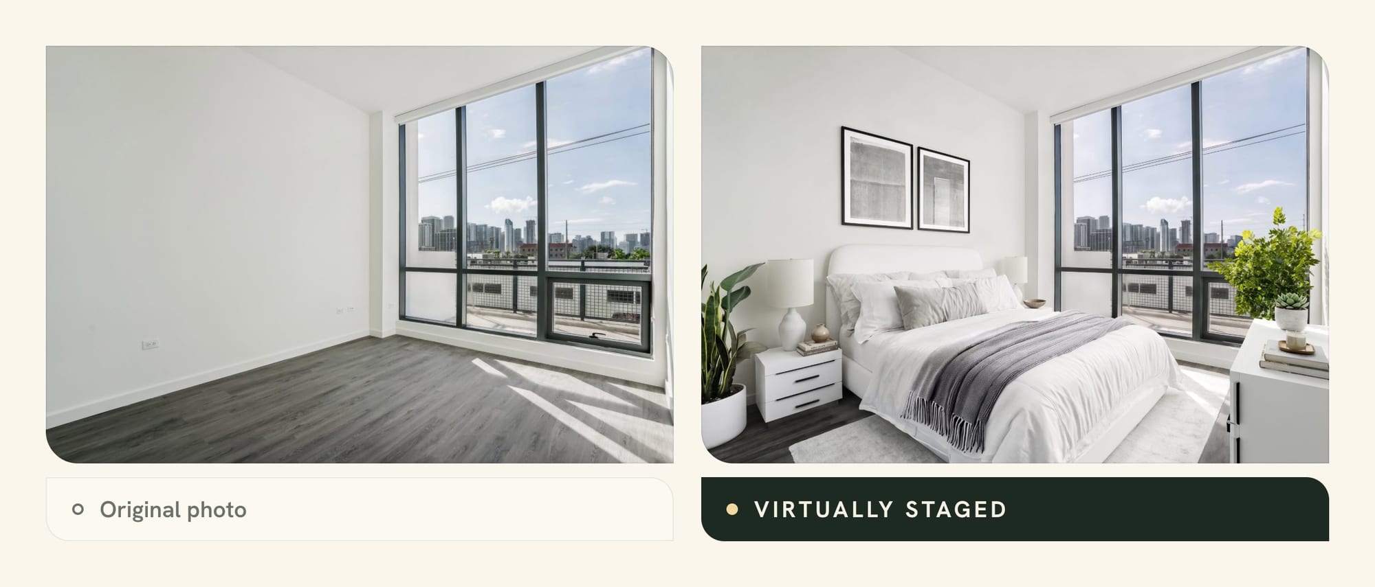 Stale listing photo before and after virtual staging of an empty bedroom