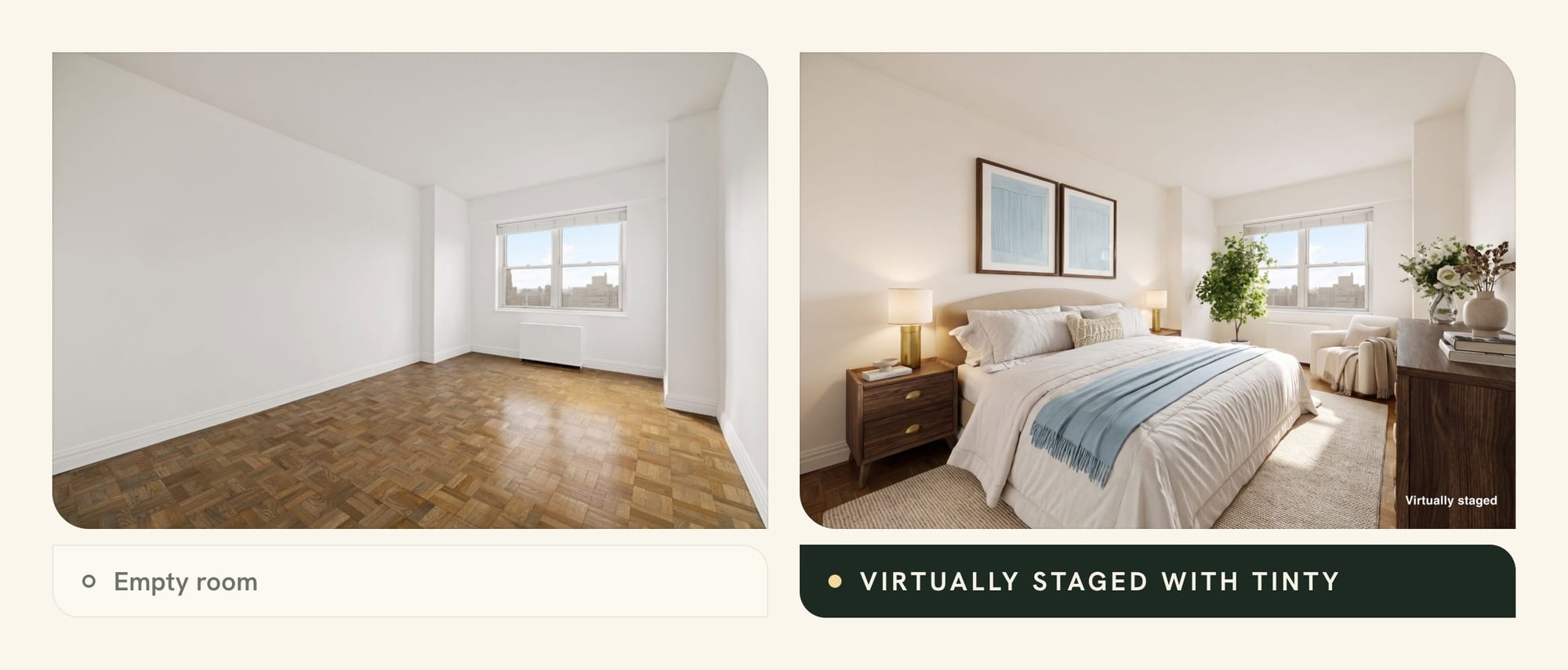 Empty bedroom with a parquet floor next to the same room virtually staged with TINTY and labeled Virtually staged