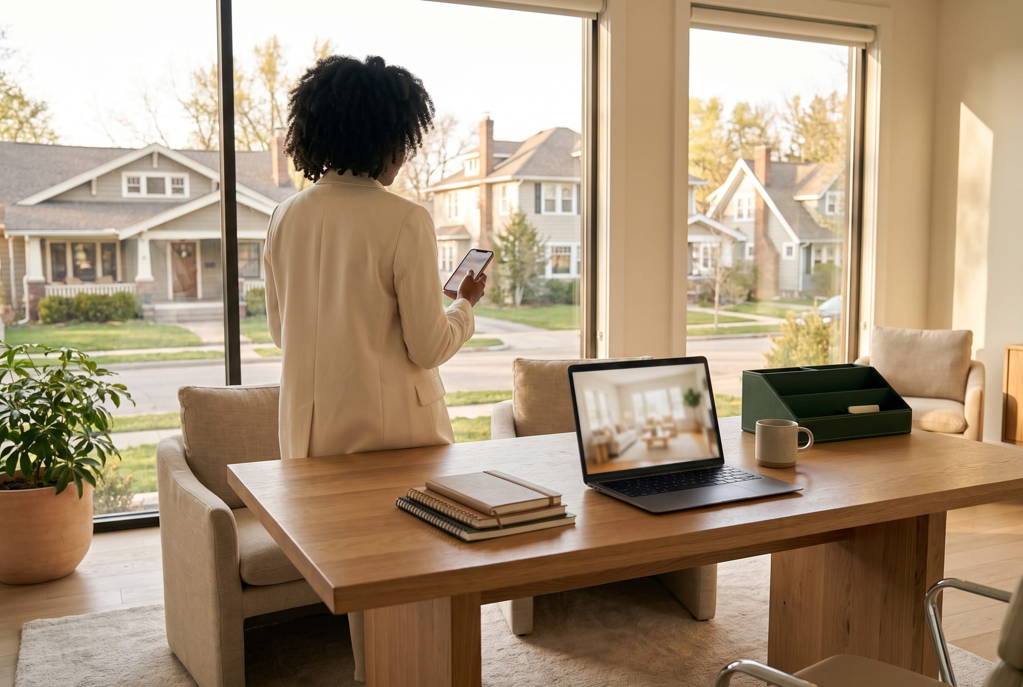 An agent seen from behind by an office window at golden hour, with a laptop on the desk