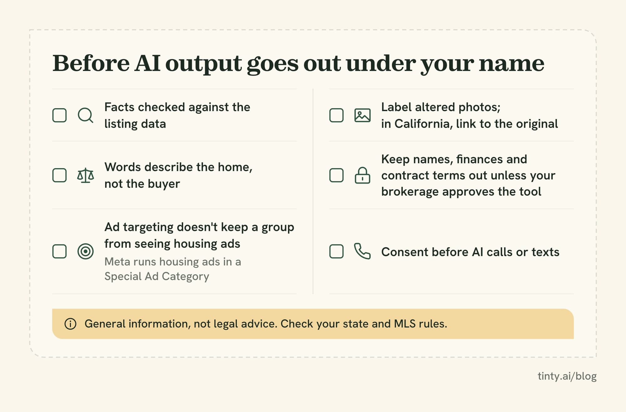 Checklist for real estate agents before publishing AI output: facts, fair housing wording, ad audience, photo labels, client data and call consent