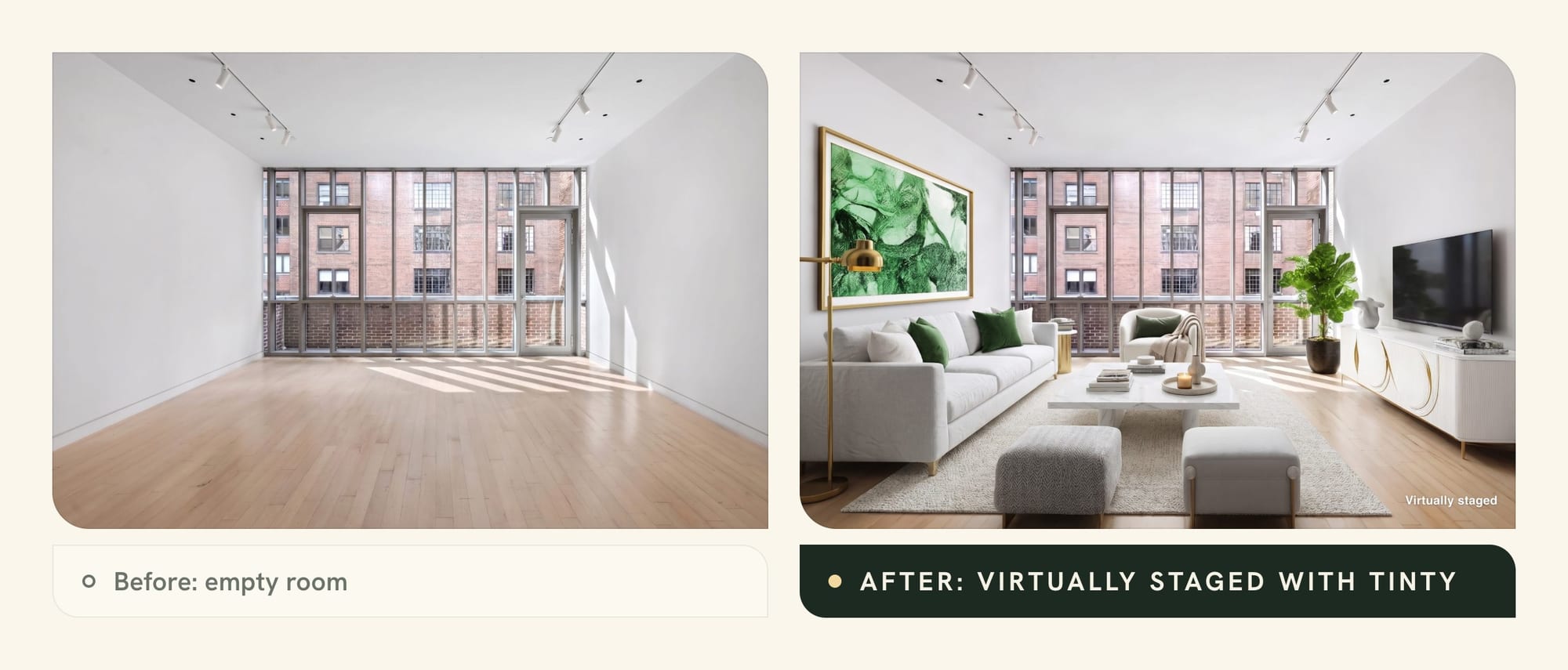 Empty living room next to the same room virtually staged with TINTY and labeled Virtually staged