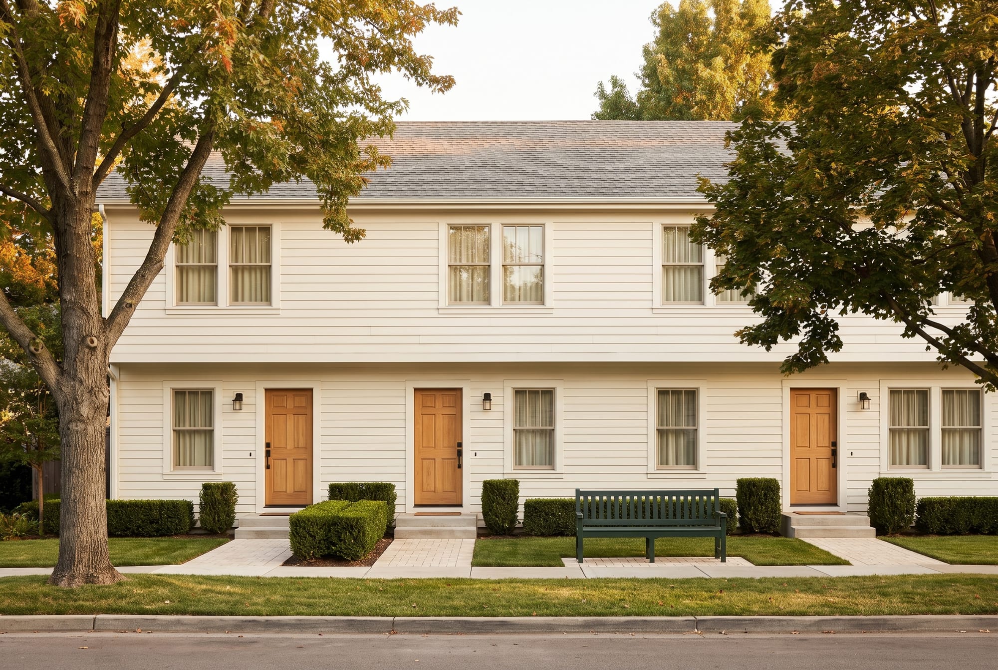 Well-kept two-story cream multi-unit rental building with oak front doors, trimmed boxwood hedges and a green bench by the front walk