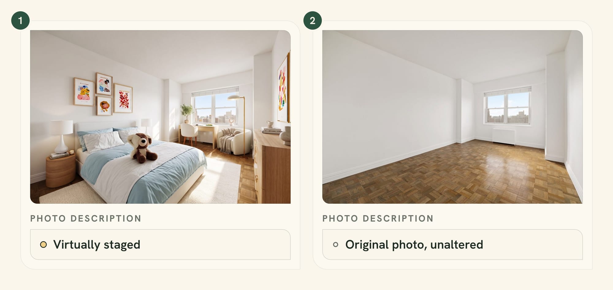 Virtually staged kids' bedroom shown next to the original empty-room photo, with the label in the photo description