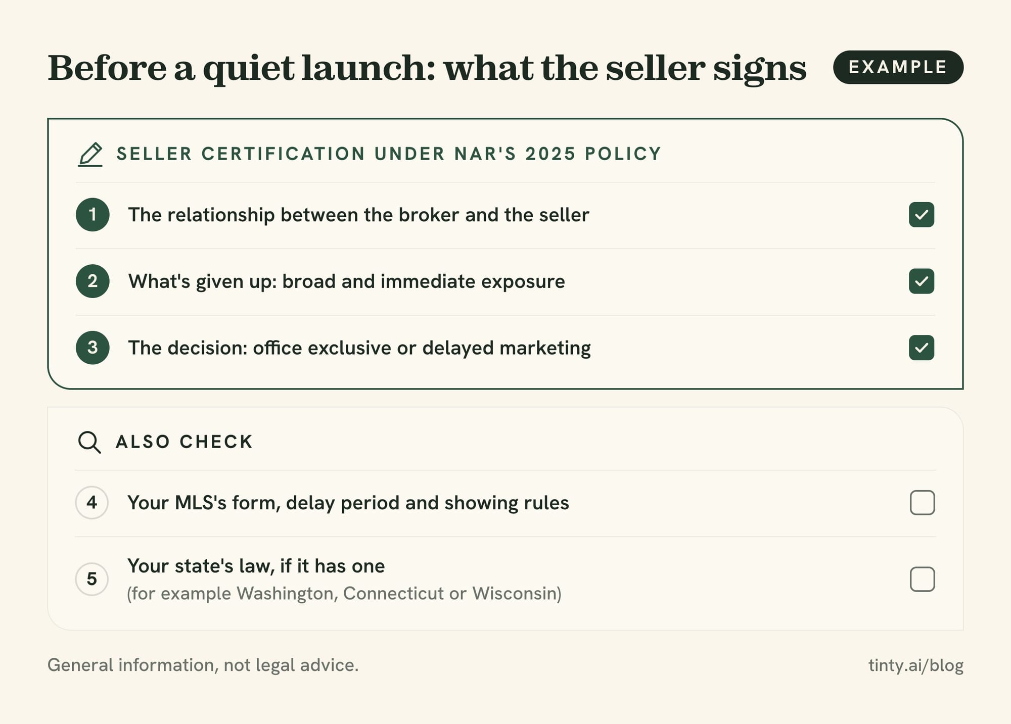 Pocket listing seller certification checklist under NAR's 2025 policy: relationship, benefits waived, chosen option, MLS rules and state law