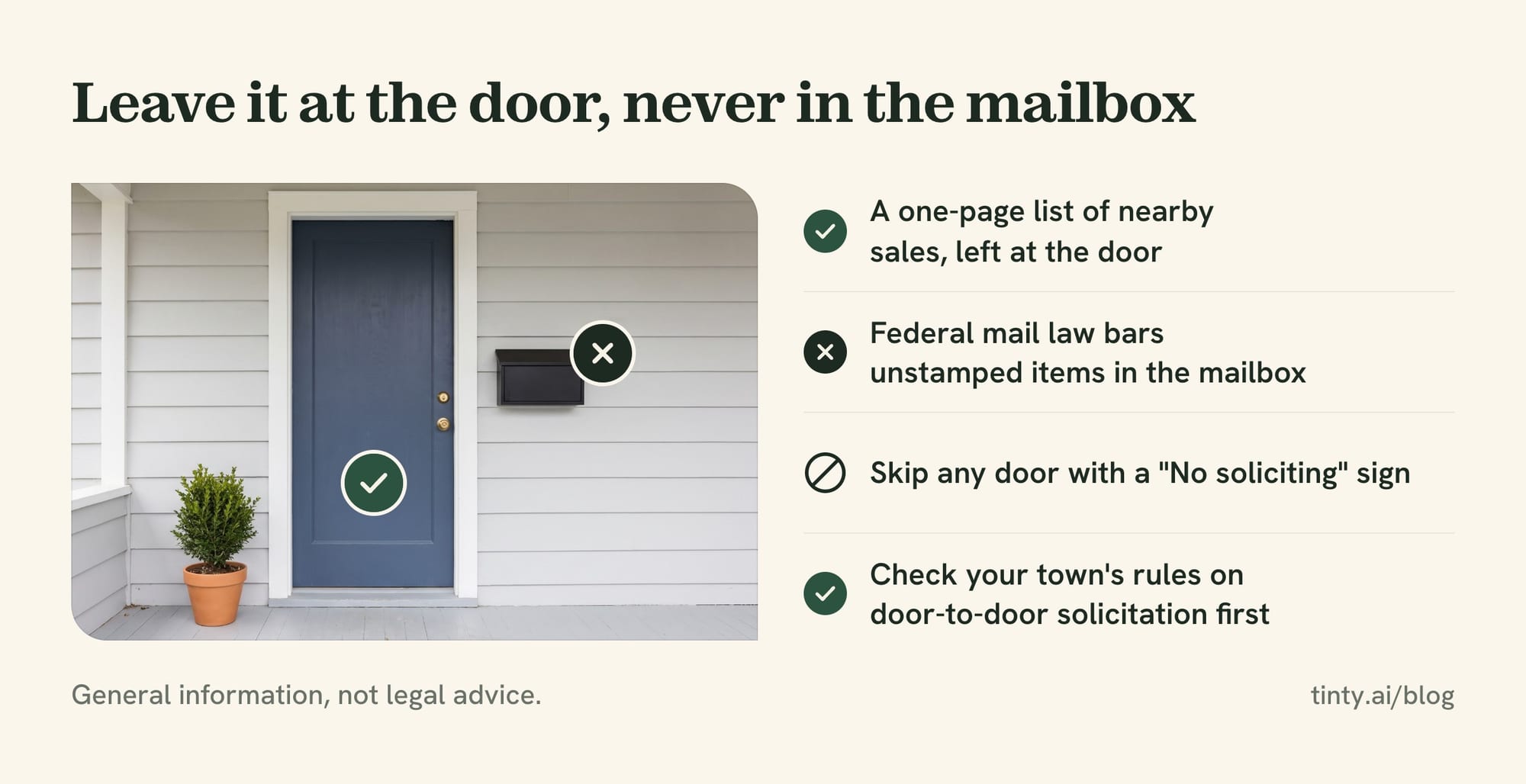 Door knocking for expired listings: leave a one-page list of nearby sales at the door, never in the mailbox