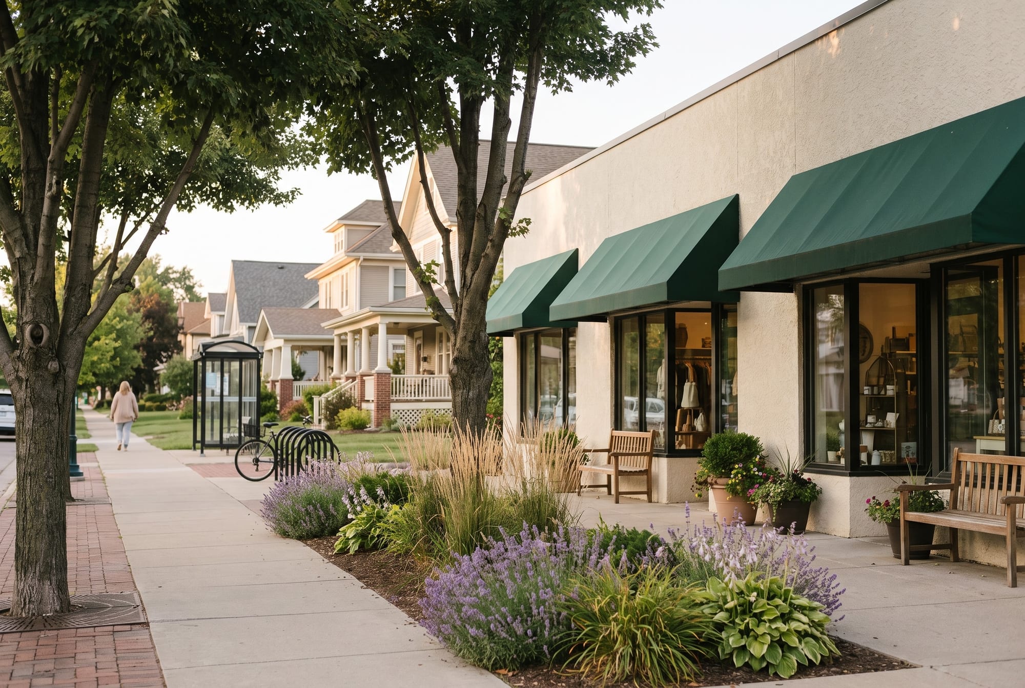A walkable neighborhood sidewalk with lavender and grass beds, cream shopfronts under forest-green awnings, a bus shelter, a bike rack and porched homes beyond