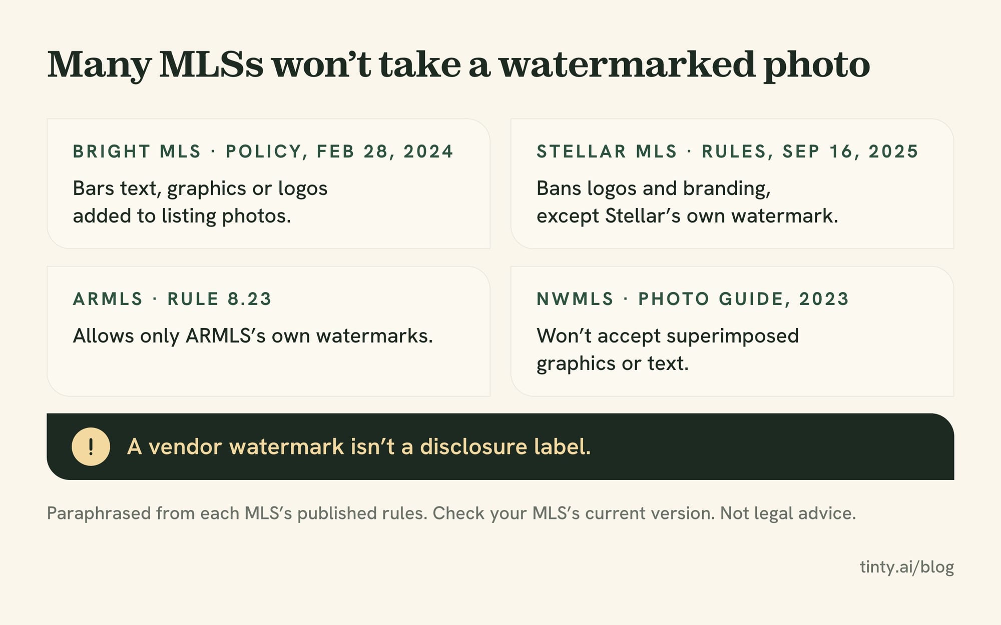 MLS photo rules that block free-tier watermarks: Bright, Stellar and ARMLS rules and the NWMLS photo guide rule out added logos, text or other companies' watermarks
