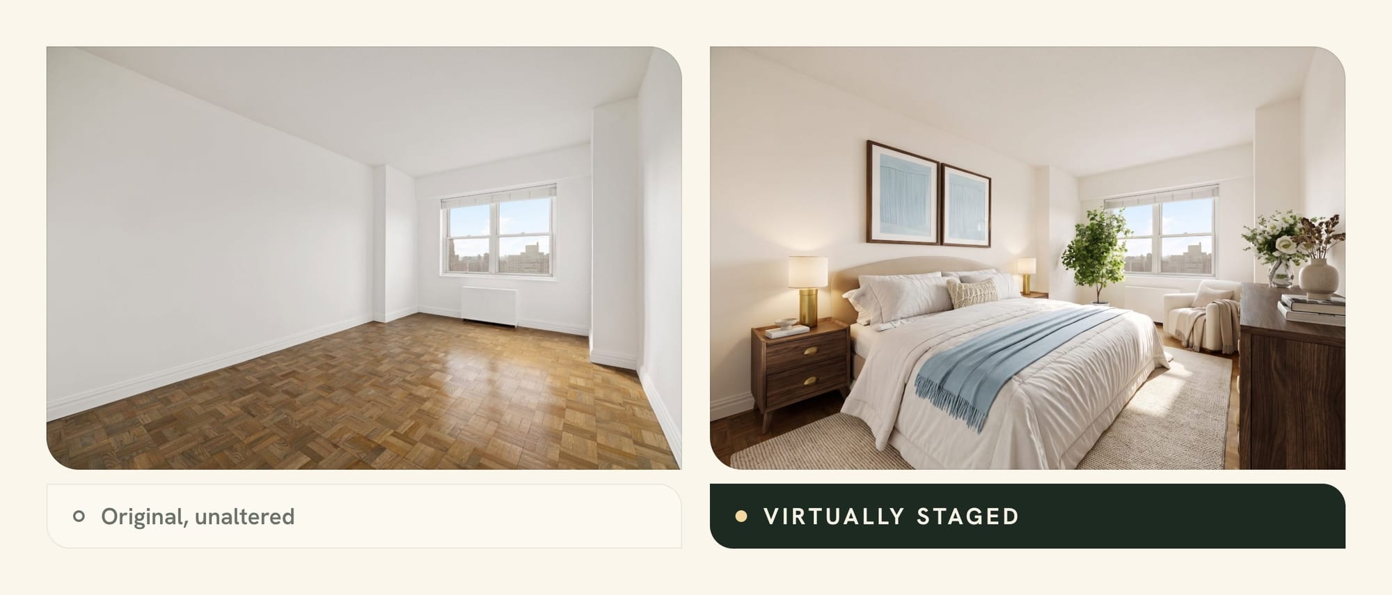 Vacant house listing photo before and after virtual staging: an empty bedroom and the same photo staged with a bed and lamps