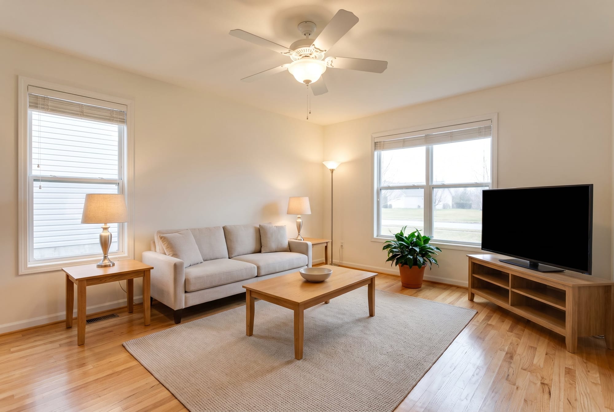 Real estate photography tips for light: a living room with every lamp and ceiling light on, blinds open, the ceiling fan stopped and the TV off