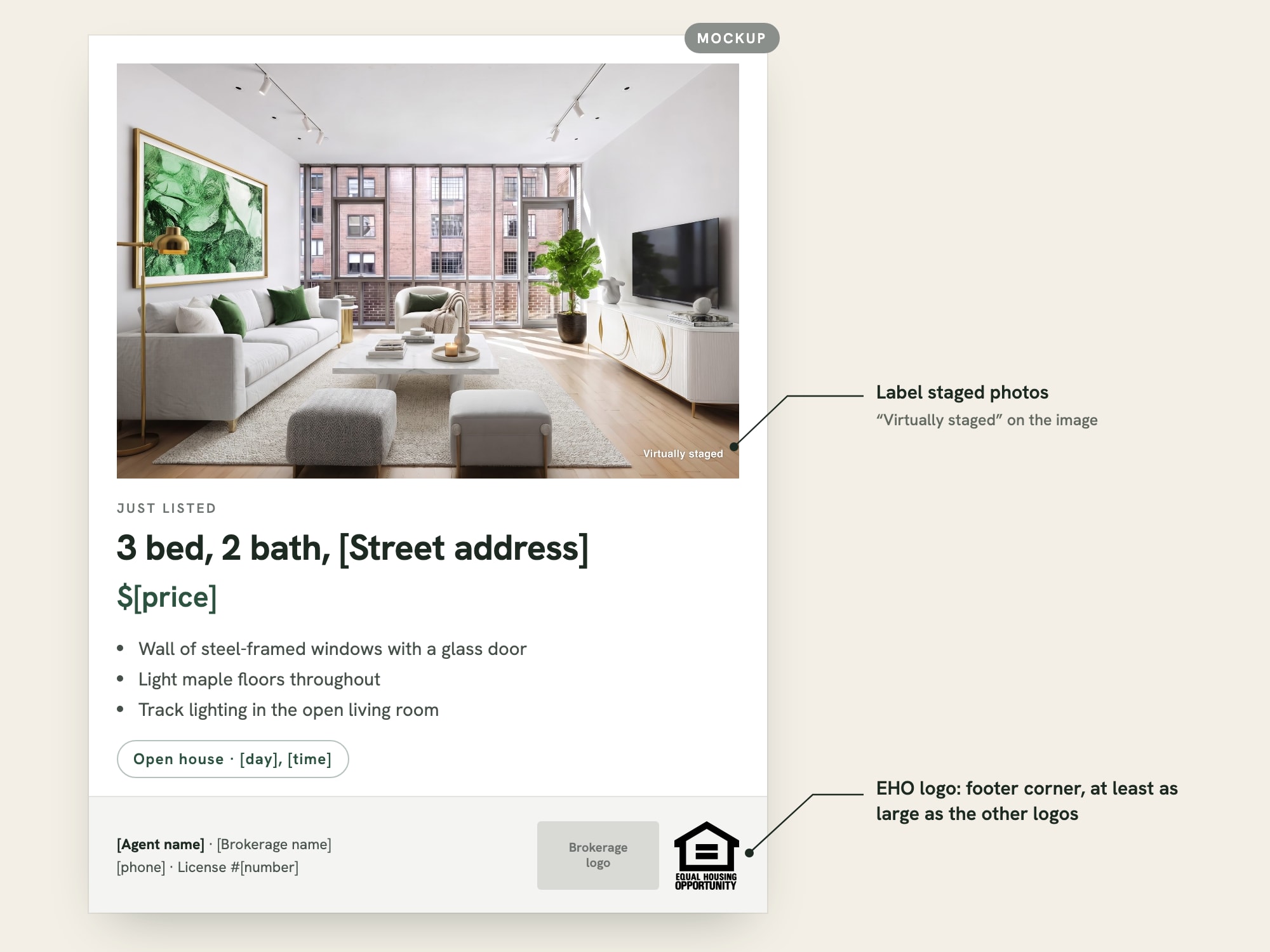 Mockup of a real estate listing flyer with the Equal Housing Opportunity logo in the footer next to the brokerage logo