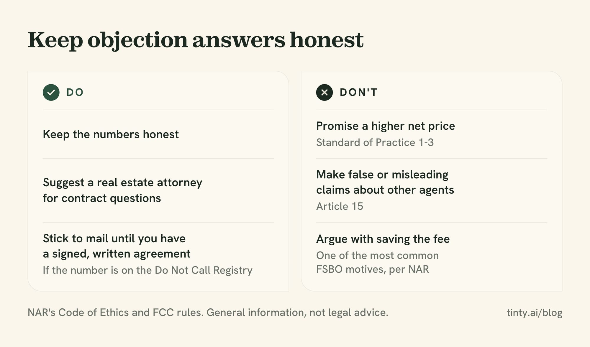 Honest FSBO objection answers: keep the numbers honest, suggest an attorney, and never promise a higher net price or mislead about other agents