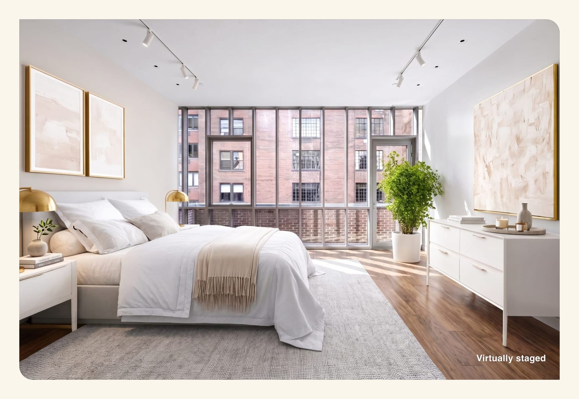 TINTY virtual staging of an empty bedroom in the Contemporary style, with a Virtually staged label