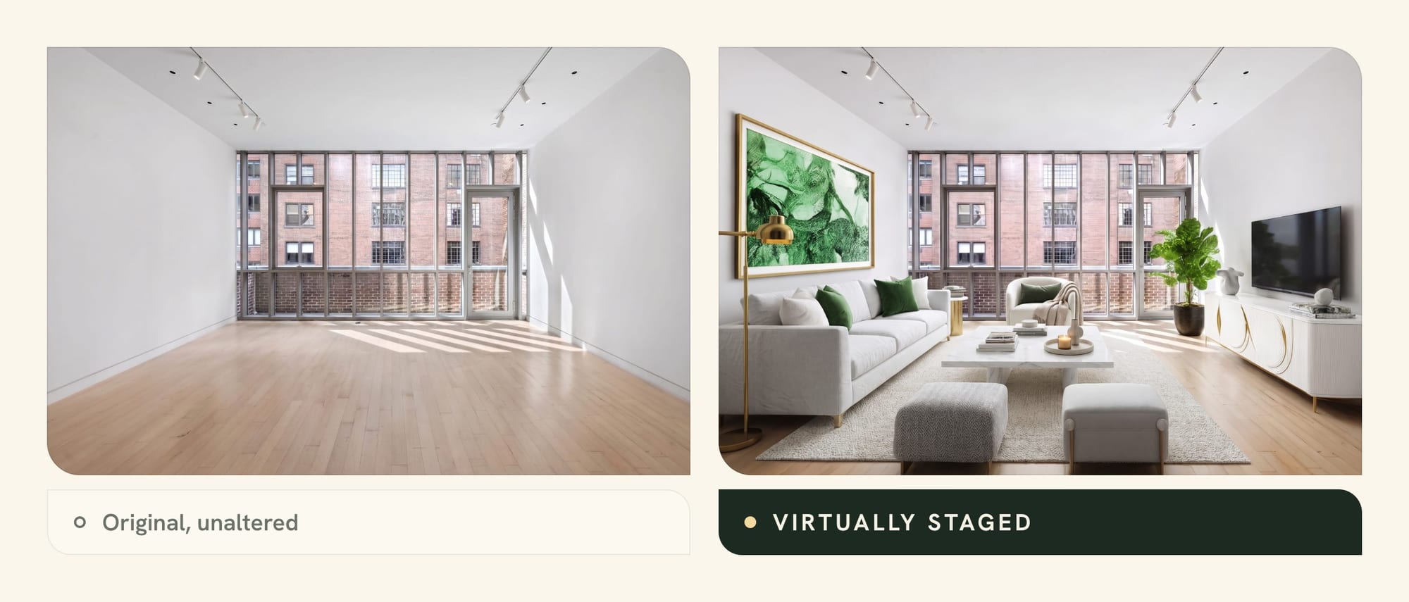 Empty living room with floor-to-ceiling windows onto a brick building, and the same photo virtually staged with a sofa, ottomans and a rug