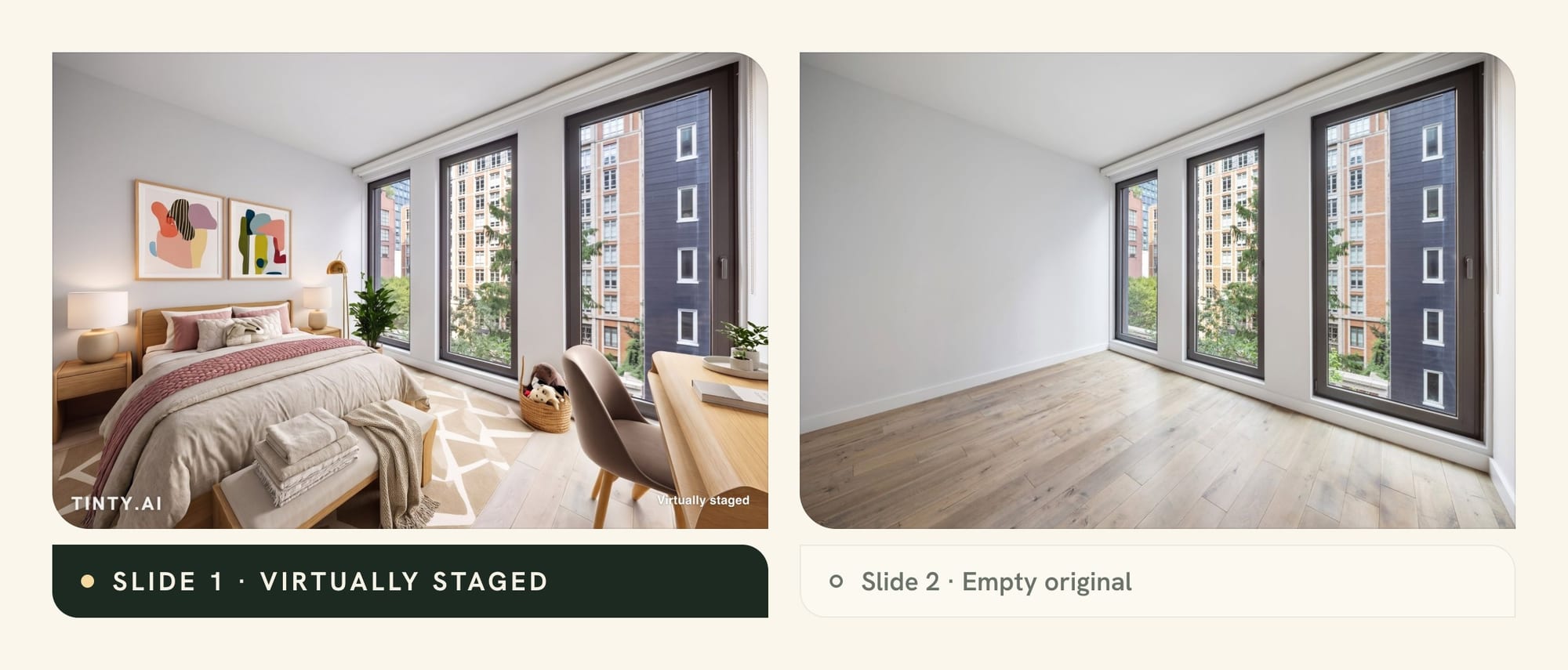 Before and after staging carousel for real estate social media posts: a virtually staged bedroom with a label and the same room empty