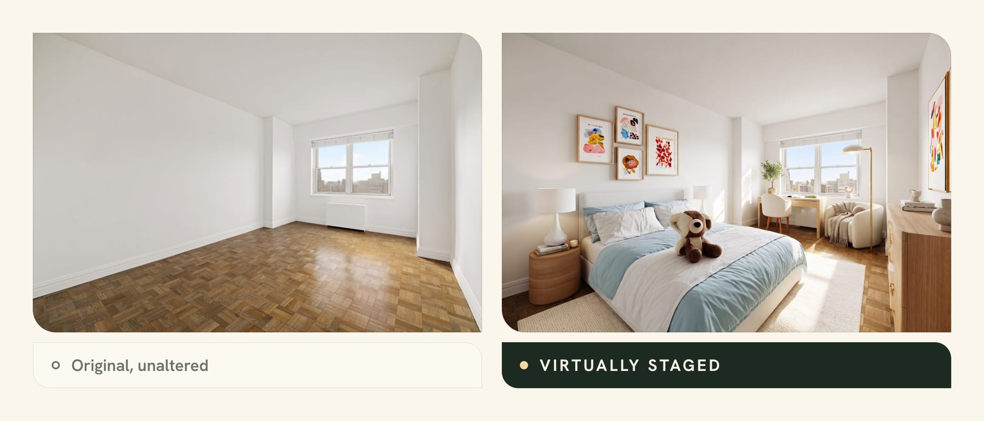 Bedroom staging before and after: an empty spare bedroom and the same photo virtually staged as a kids room with a bed, desk and rug