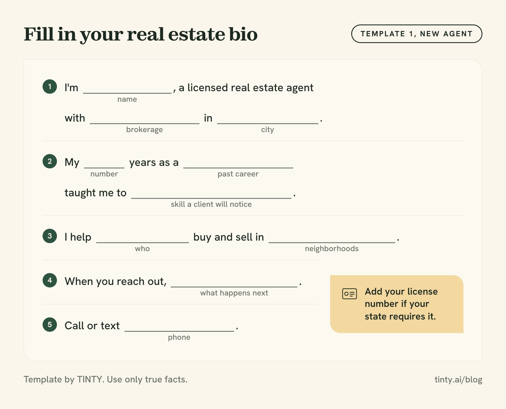 Printable fill-in-the-blank real estate agent bio template for a new agent