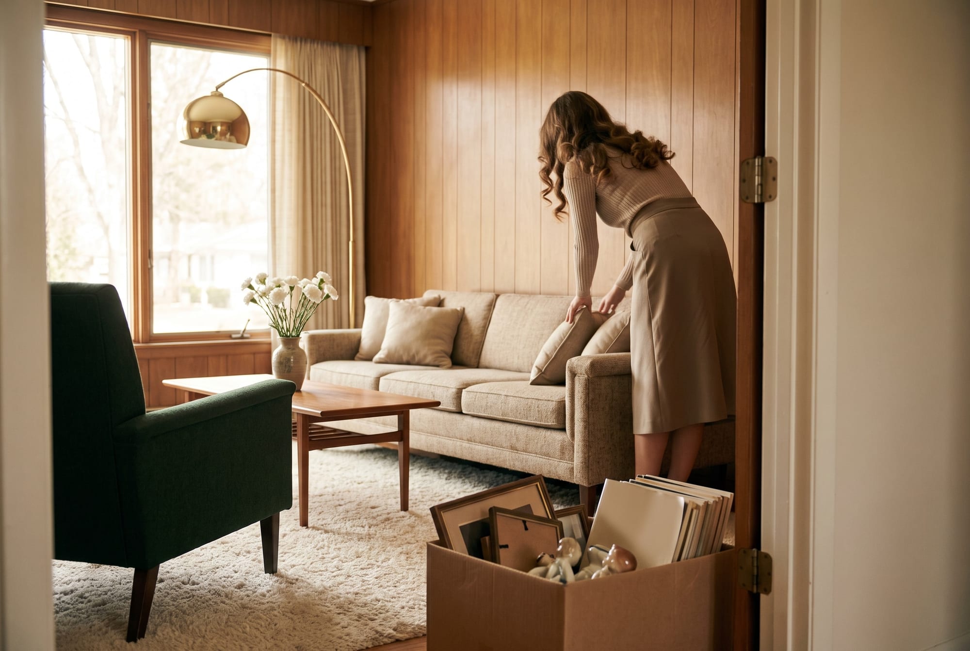 A woman seen from behind plumping cushions in a wood-paneled 1970s living room, with a box of frames and knick-knacks by the doorway