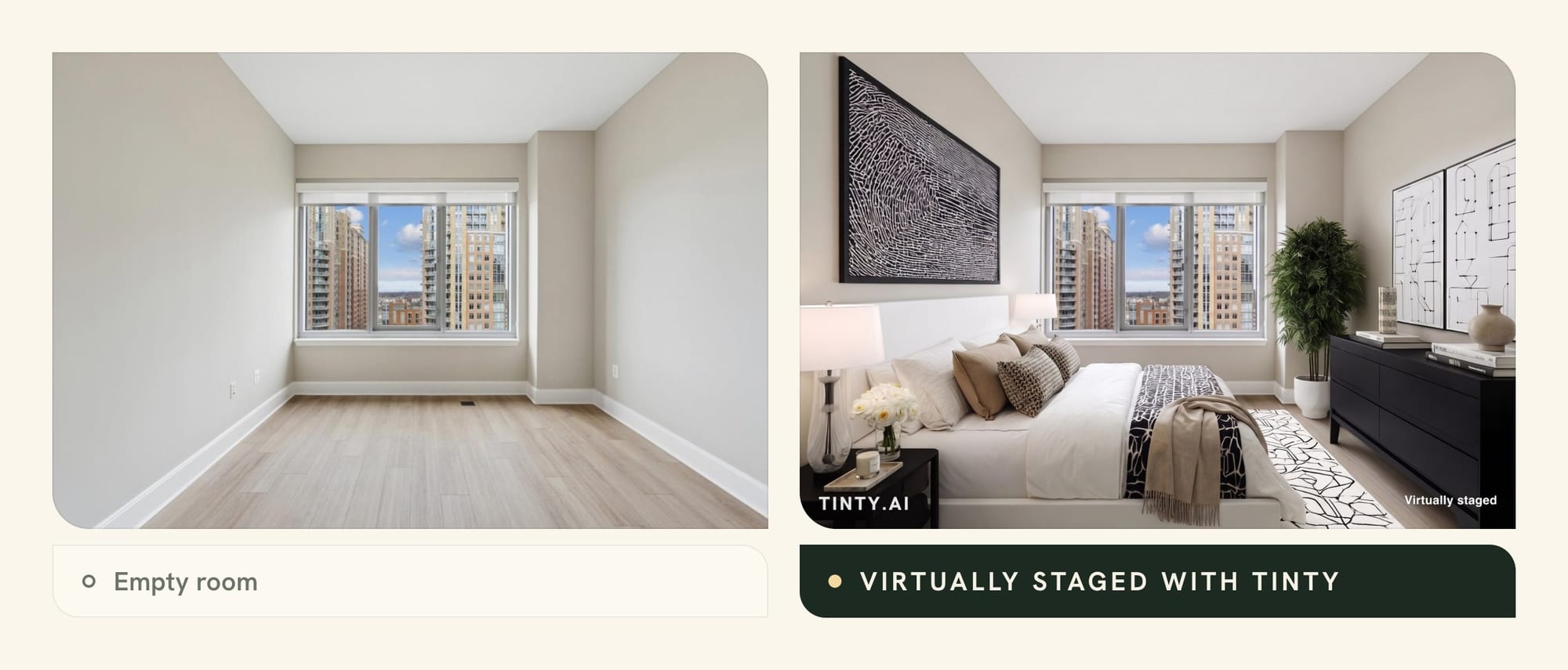 Virtually staged bedroom next to the empty original, used as a relaunch preview for an expired listing