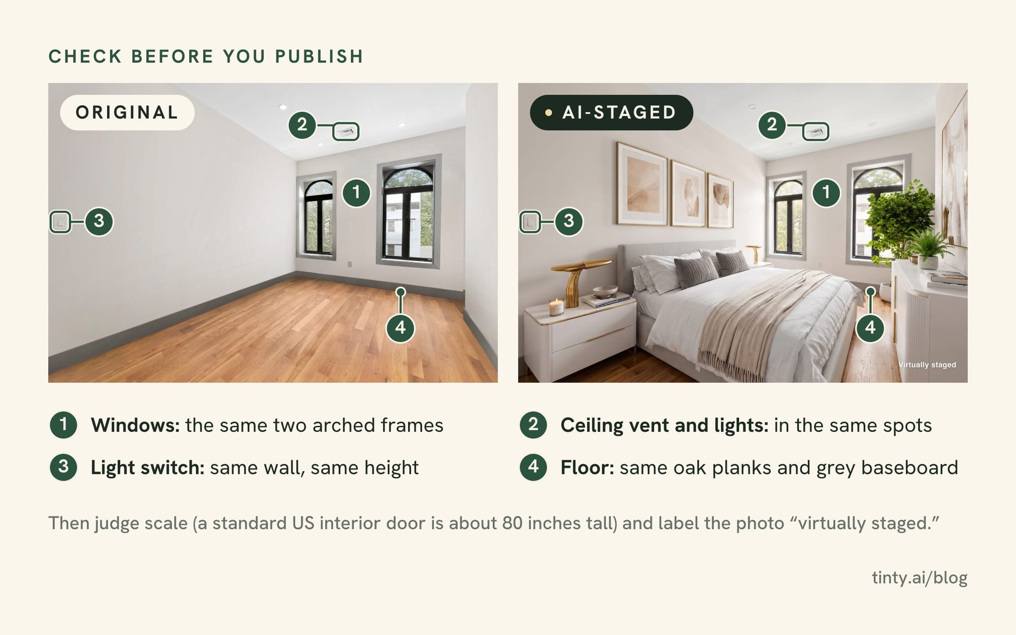 Checking an AI-staged bedroom against the original photo: the same two arched windows, ceiling vent, light switch and oak floor, with a "Virtually staged" label