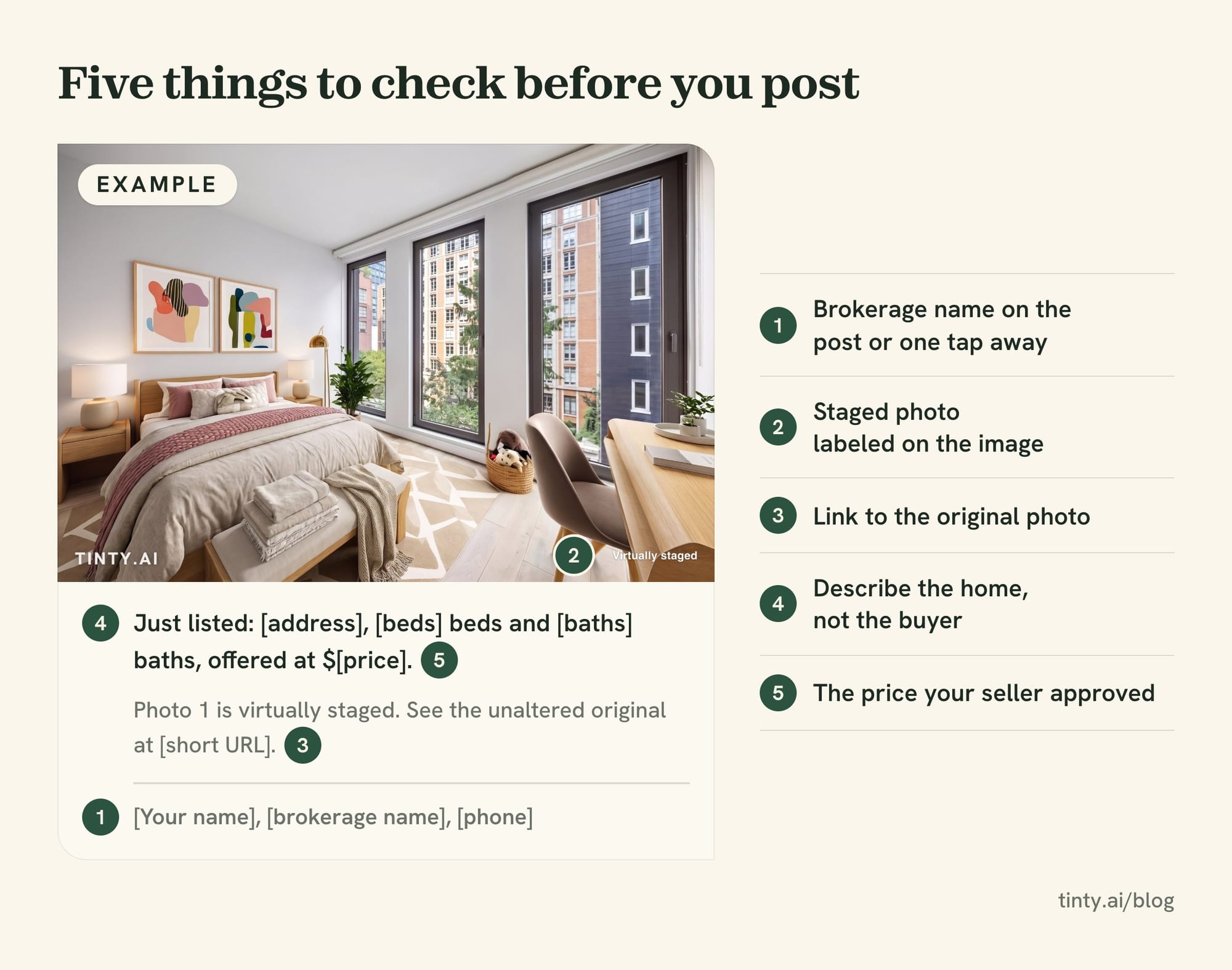 Checklist for a listing post: brokerage name, staged photo label, link to the original, home-first wording and the approved price