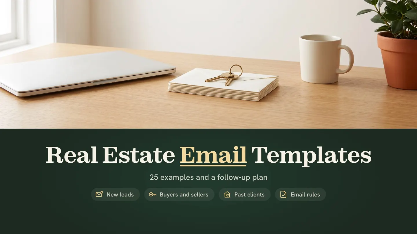 Real estate email templates: plain envelopes and brass house keys on a light oak desk with a closed laptop, a mug and a plant in soft daylight