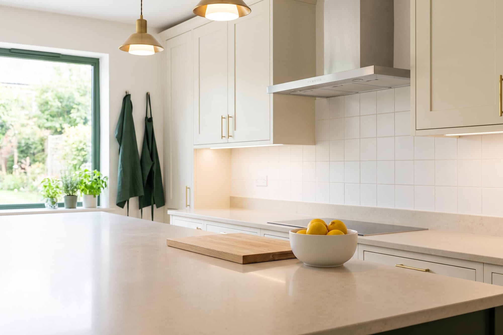 Staging a kitchen: a cleared counter with only a cutting board and a bowl of lemons, lights on