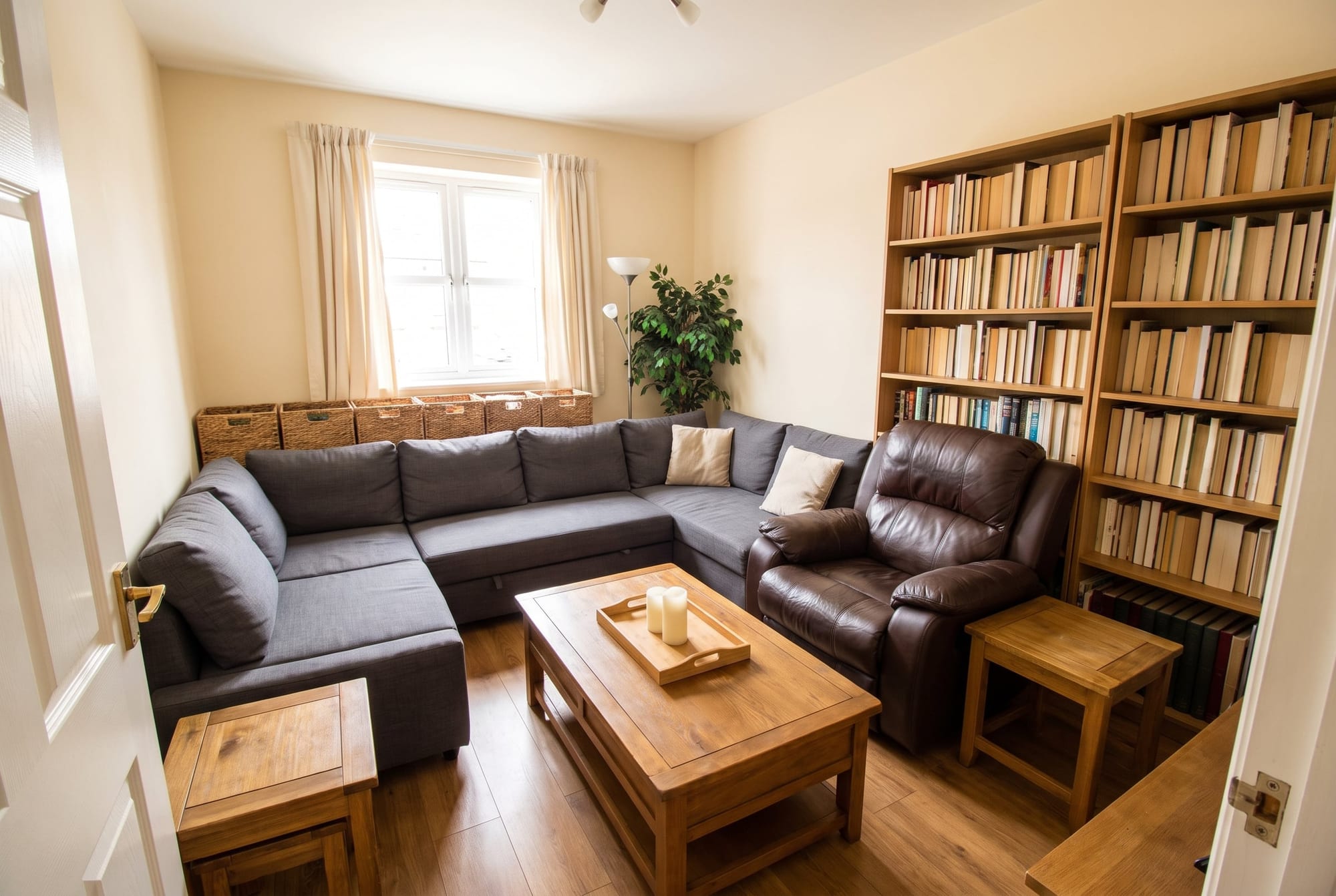 A lived-in living room crowded with a large sectional, a recliner, extra side tables, full shelves and baskets