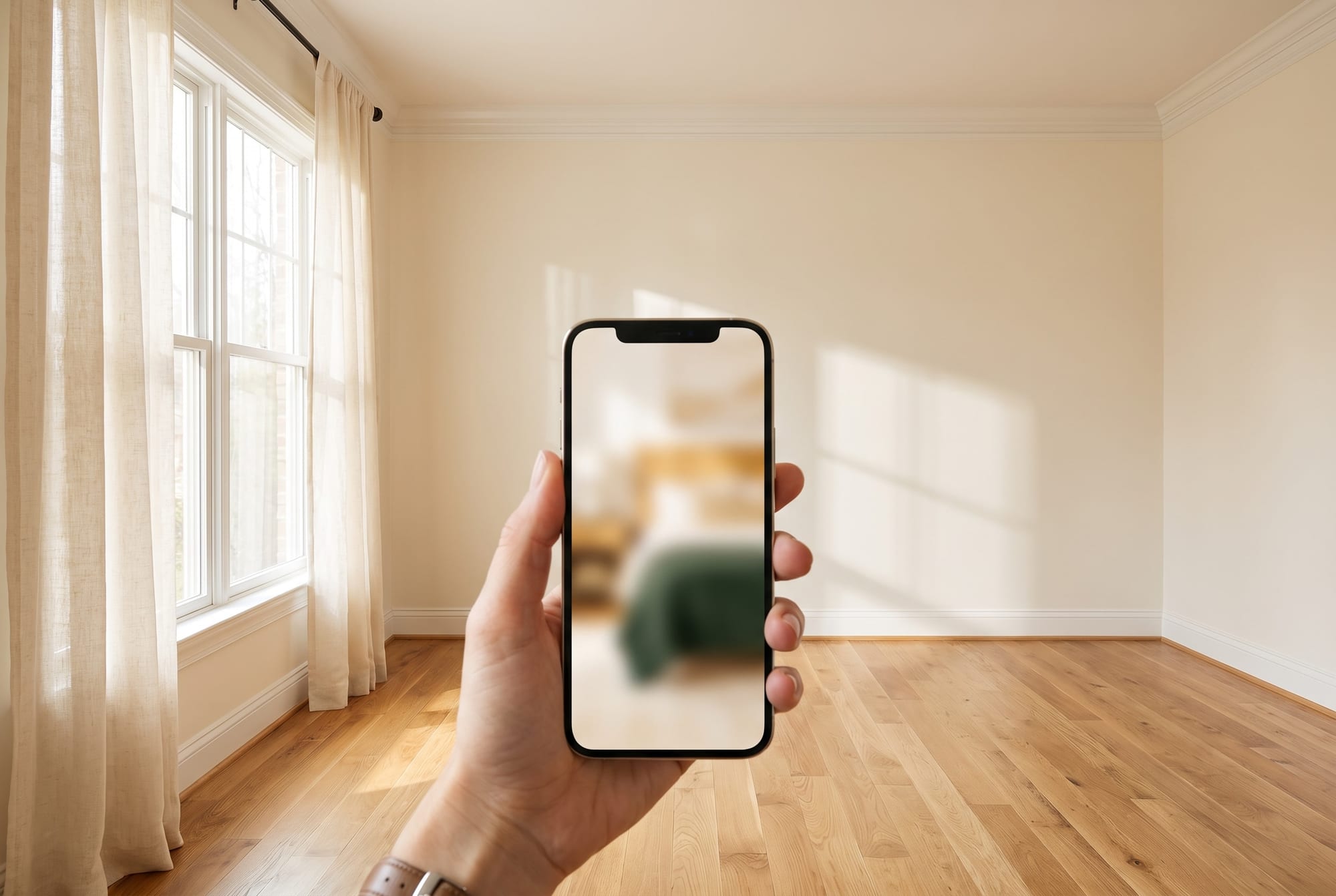 A hand holding up a smartphone that shows a blurred furnished bedroom with a green blanket, inside an empty sunlit room with oak floors