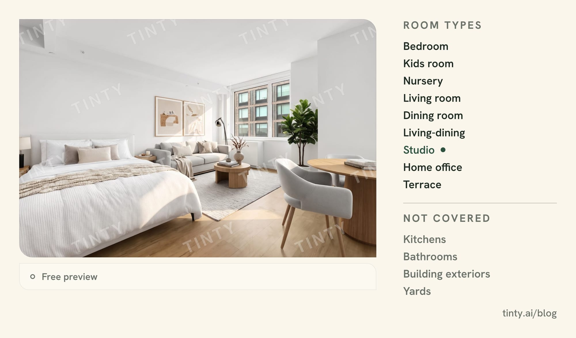 TINTY's nine room types listed next to a watermarked free preview of a studio staged with a bed, a sofa and a round dining table