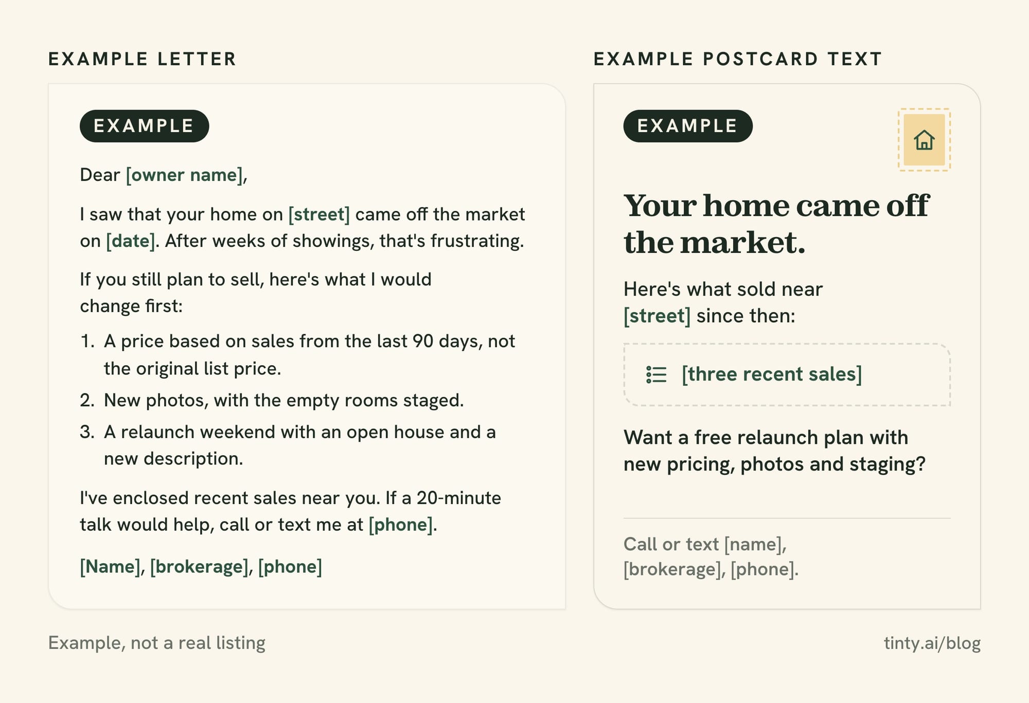 Example expired listing letter next to an expired listing postcard with recent nearby sales and a relaunch offer