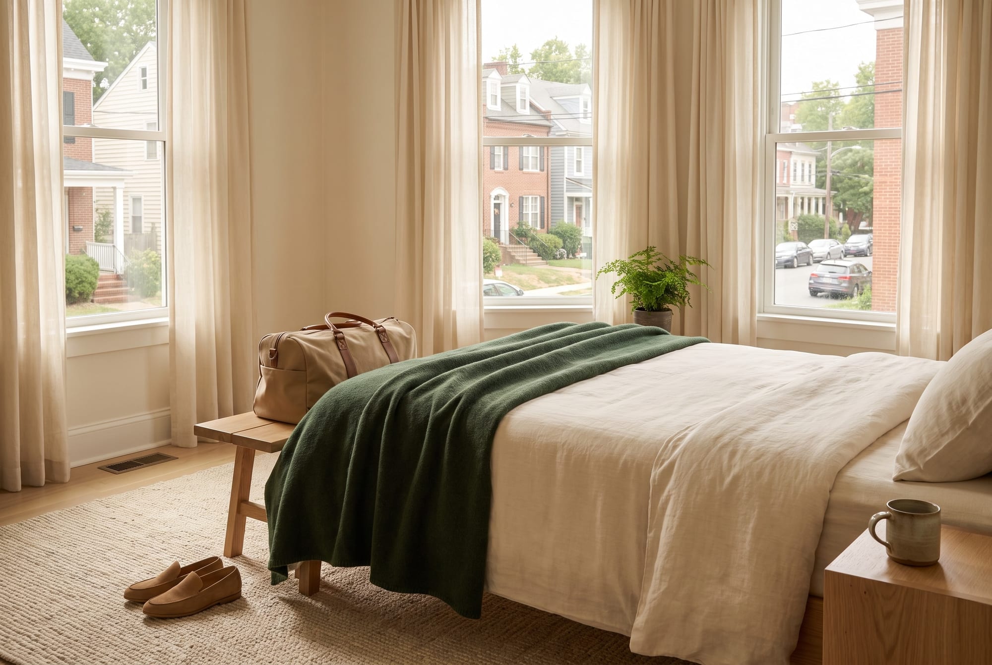A sunlit guest bedroom with cream linen and a forest-green throw, a packed canvas duffel on an oak bench and suede loafers, with windows onto a residential street