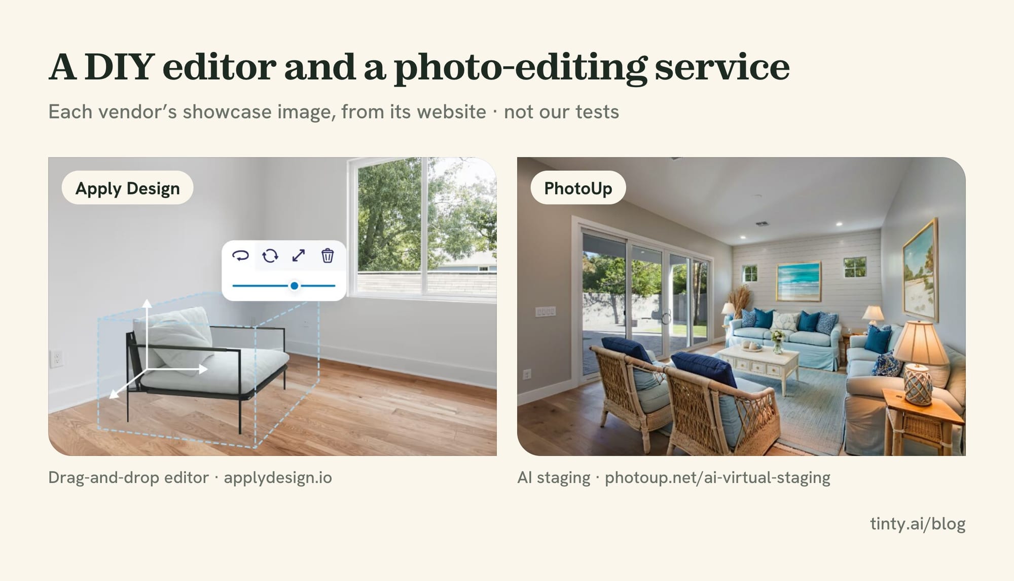 Apply Design's drag-and-drop staging editor next to a PhotoUp AI virtual staging example