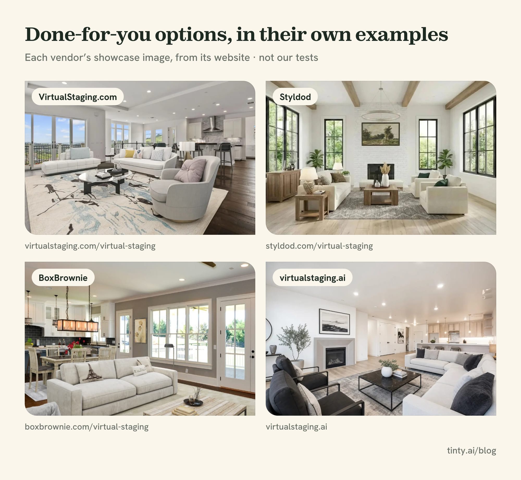 Showcase examples from done-for-you virtual staging options: VirtualStaging.com, Styldod, BoxBrownie and virtualstaging.ai
