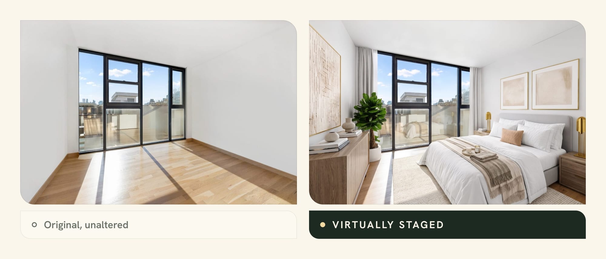 Empty bedroom listing photo before and after virtual staging with a bed, nightstands and lamps, labeled Virtually staged