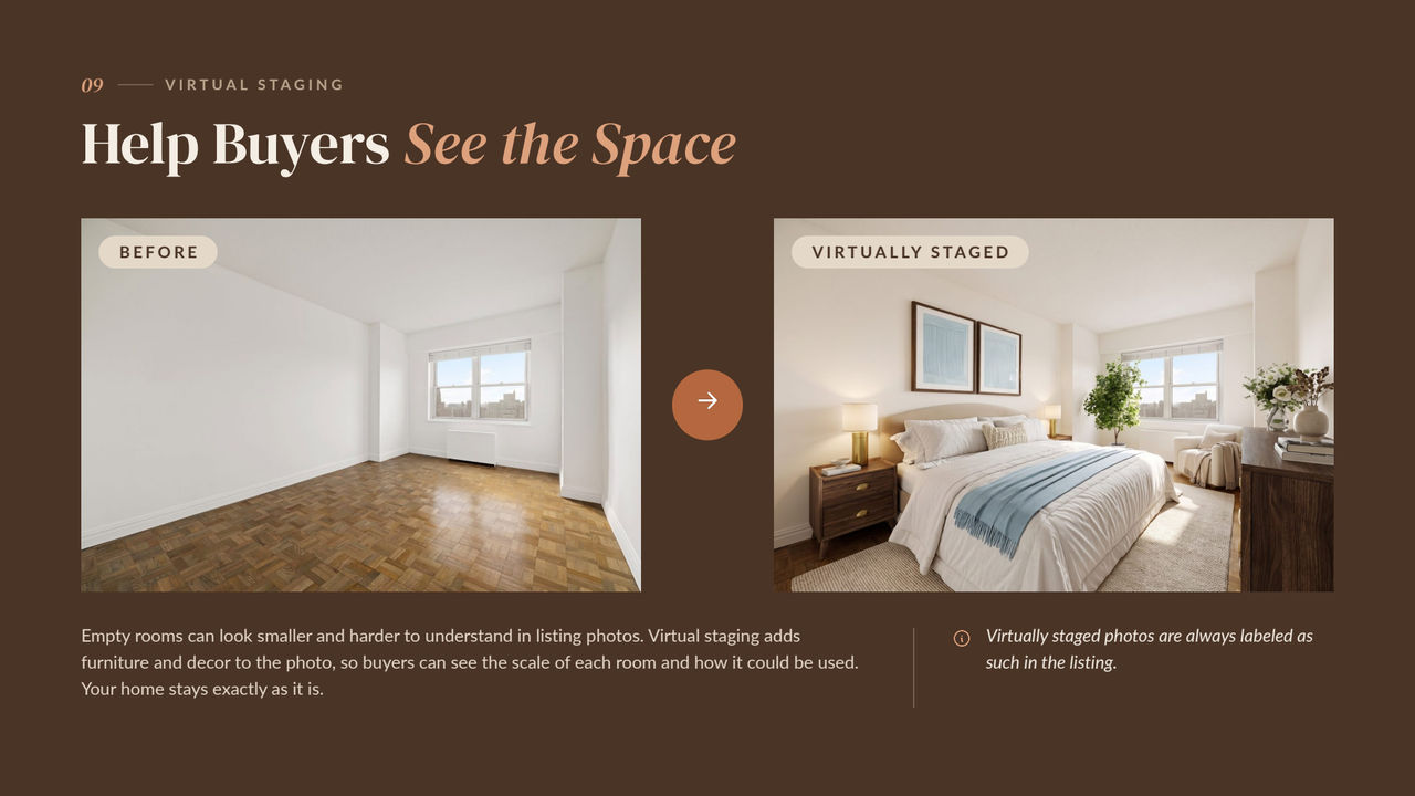 Listing presentation slide 9 showing an empty bedroom next to the same bedroom virtually staged with TINTY and labeled Virtually staged