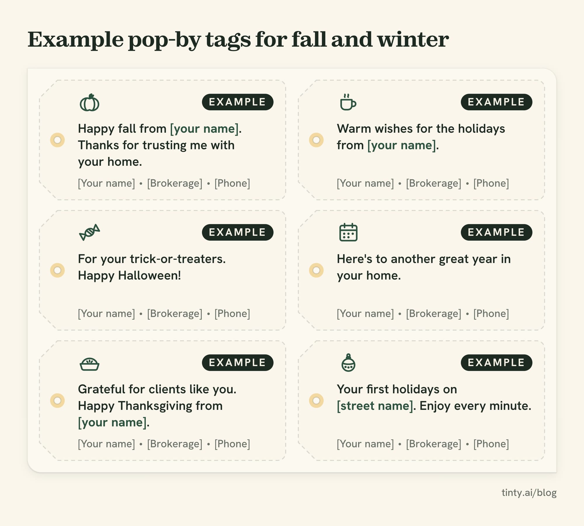Printable pop-by tag examples for fall and winter: pumpkins, Halloween treats, Thanksgiving pie, cocoa, a calendar and an ornament