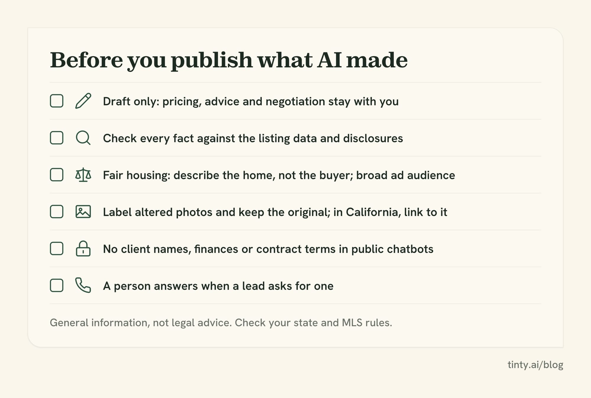 Checklist for real estate agents before publishing AI content: drafts only, fact check, fair housing, photo labels, client data, human handoff