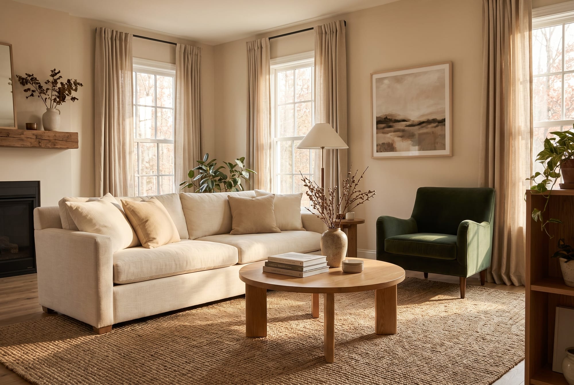 A calm furnished living room with a cream sofa, an oak coffee table and a deep green armchair in afternoon light