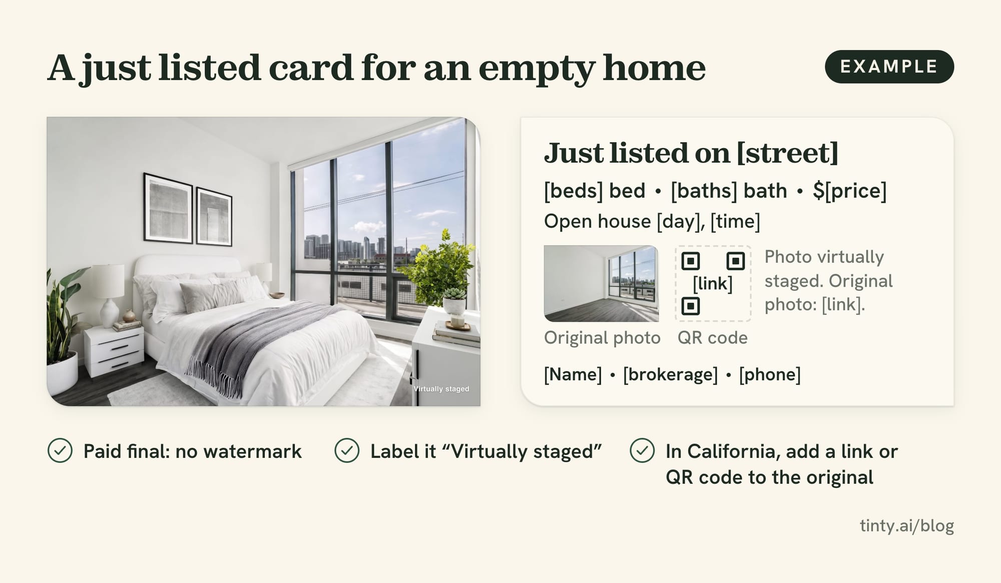 Example just listed postcard for a farm area with a bedroom virtually staged by TINTY and the original empty room inset