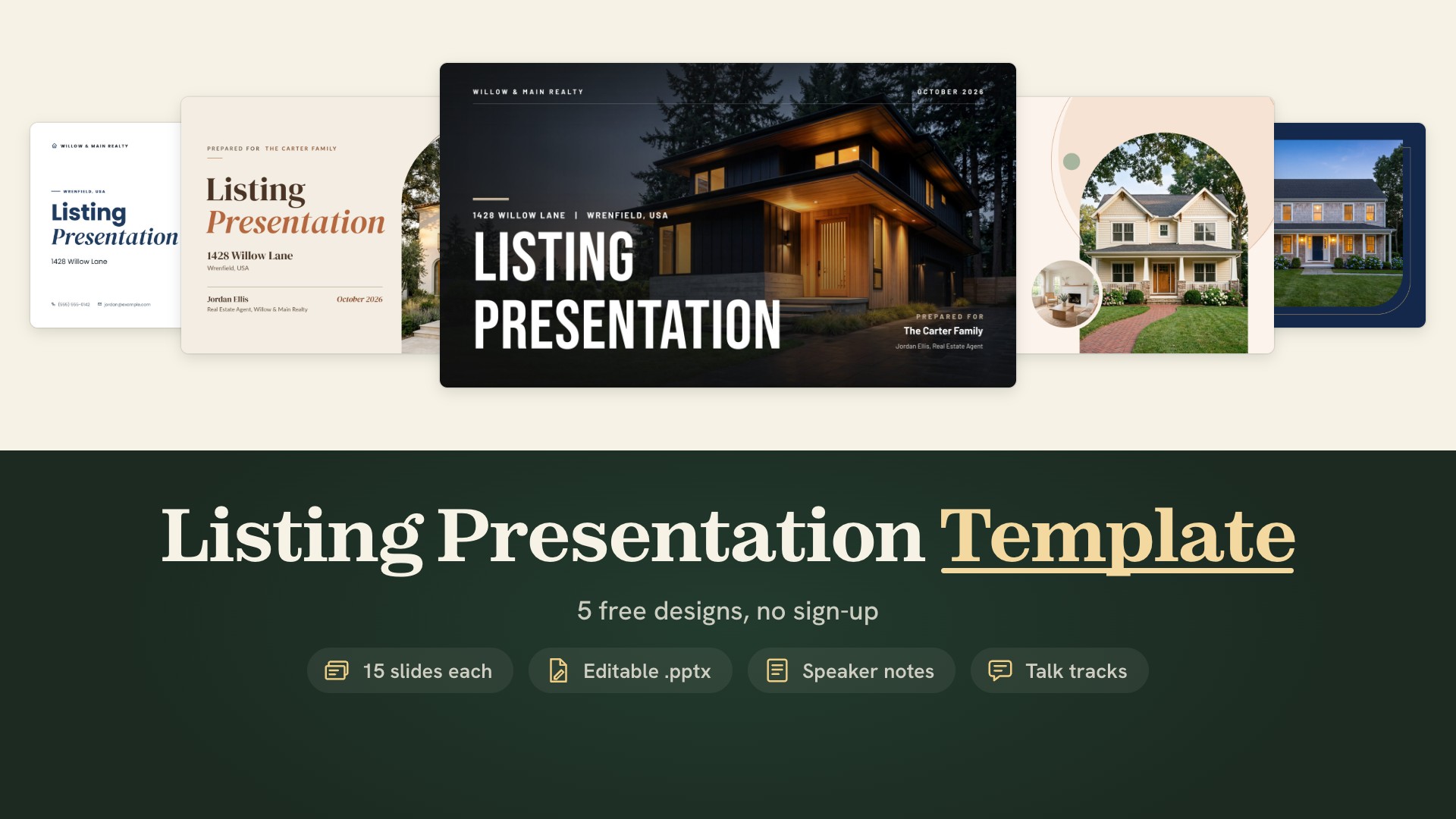 Five free listing presentation templates by TINTY: Clean White, Warm Neutral, Bold Black, Soft Peach and Navy Modern cover slides