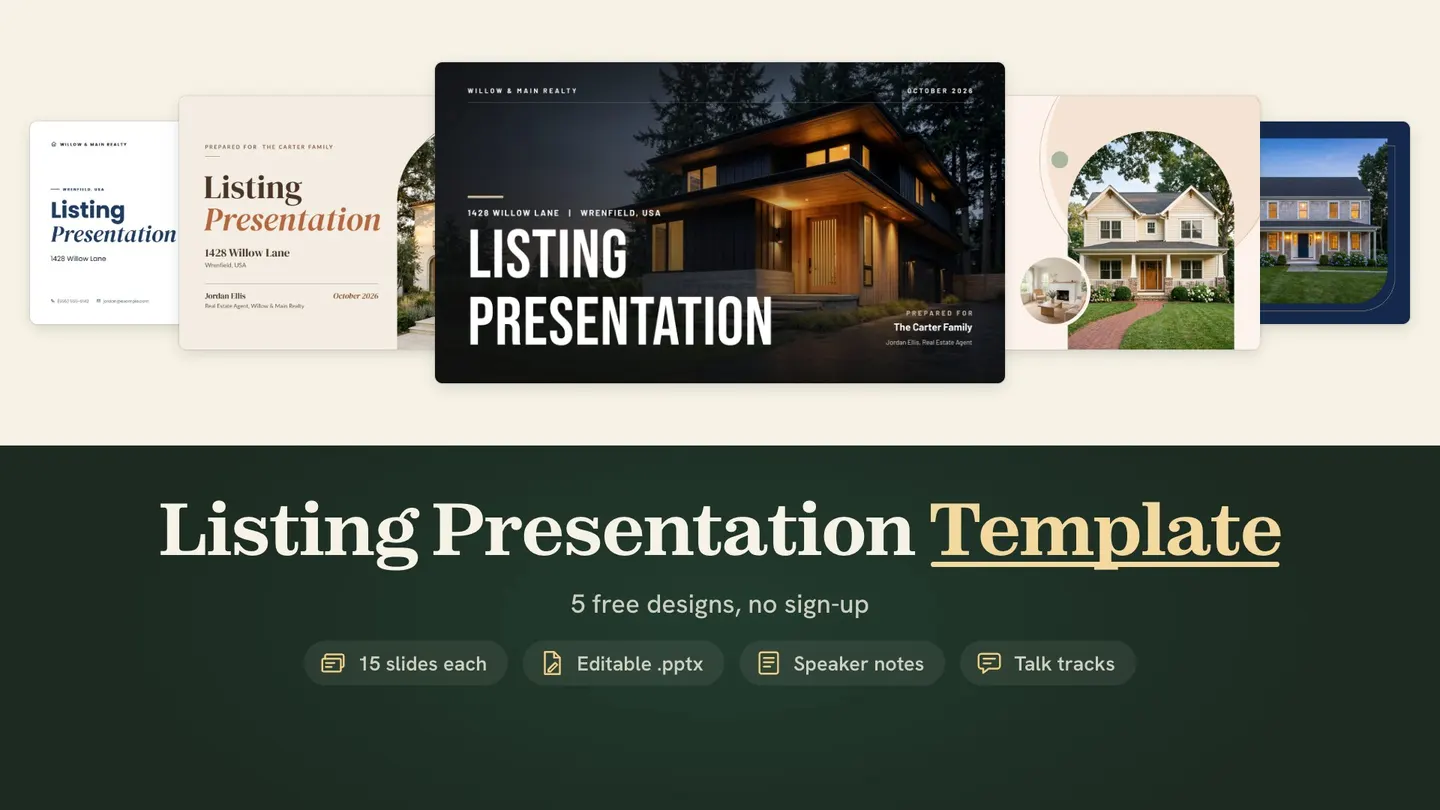 Five free listing presentation templates by TINTY: Clean White, Warm Neutral, Bold Black, Soft Peach and Navy Modern cover slides