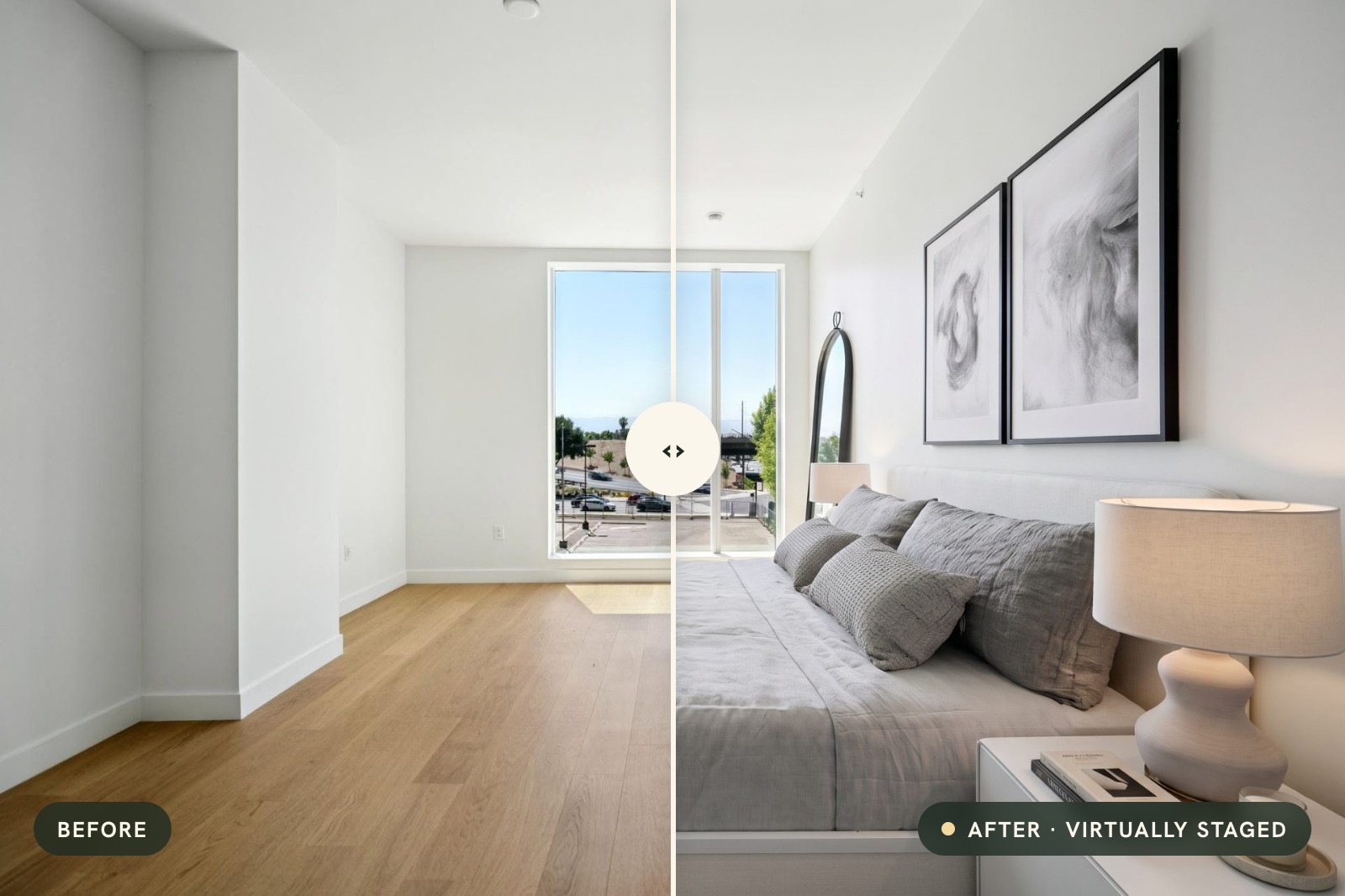 Before and after virtual staging of an empty bedroom: the same photo split down the middle, empty on the left and furnished on the right