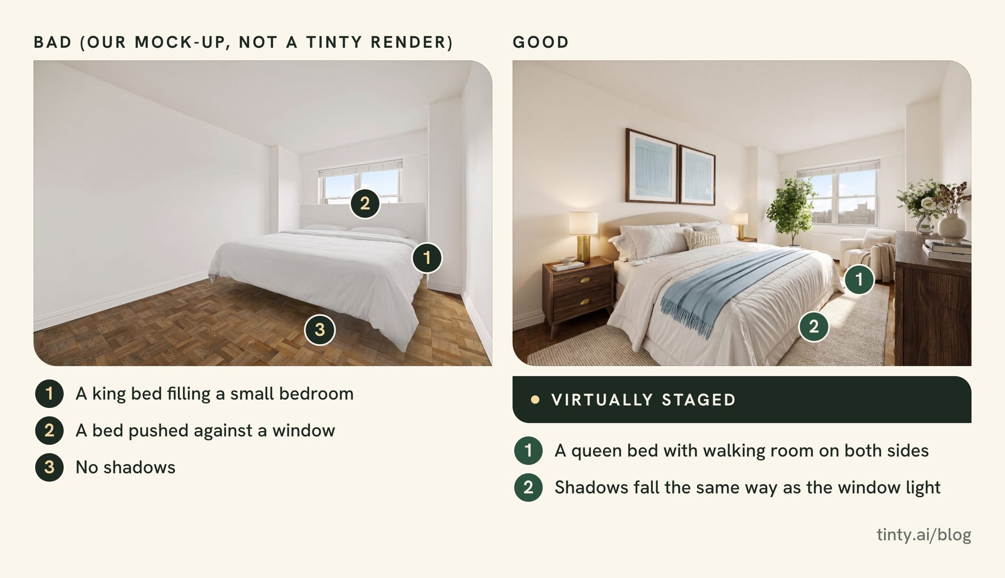 Bad virtual staging next to good virtual staging in the same bedroom: an oversized bed crowding the window versus a right-size queen bed with shadows