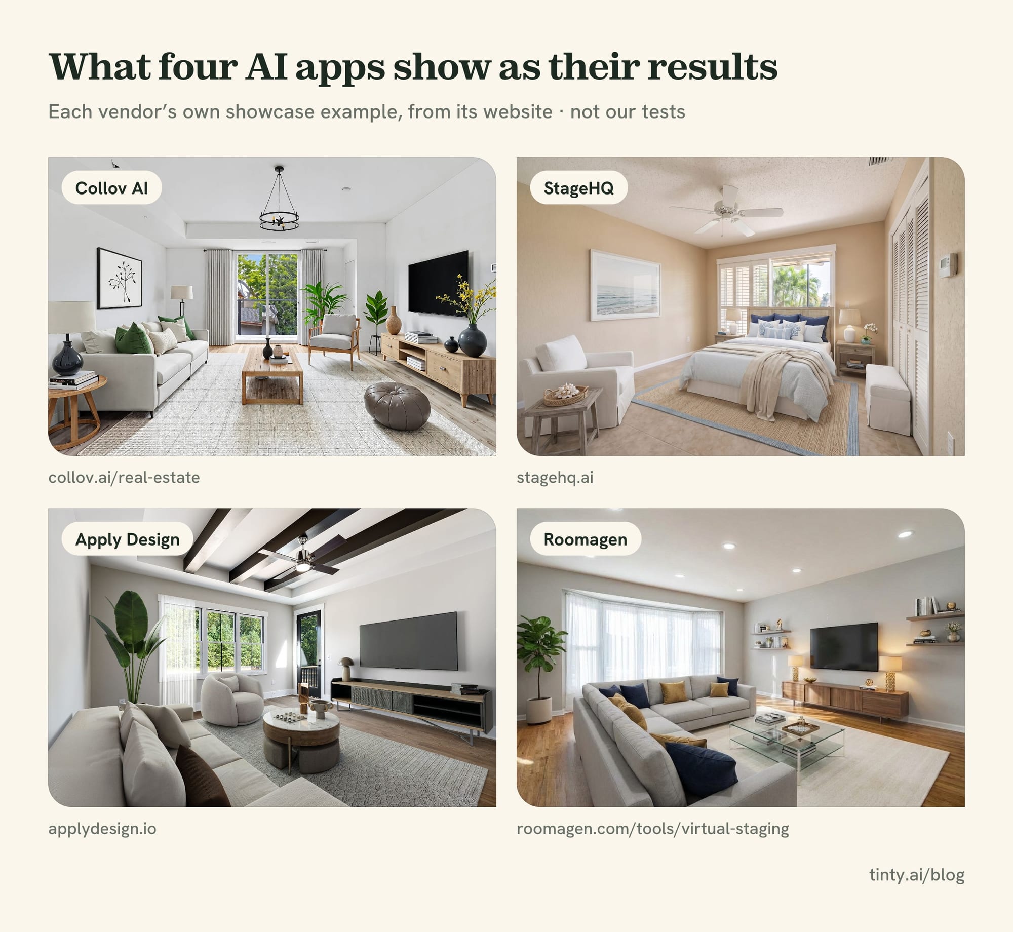 Virtual staging results shown on four AI staging apps' own websites: Collov AI, StageHQ, Apply Design and Roomagen