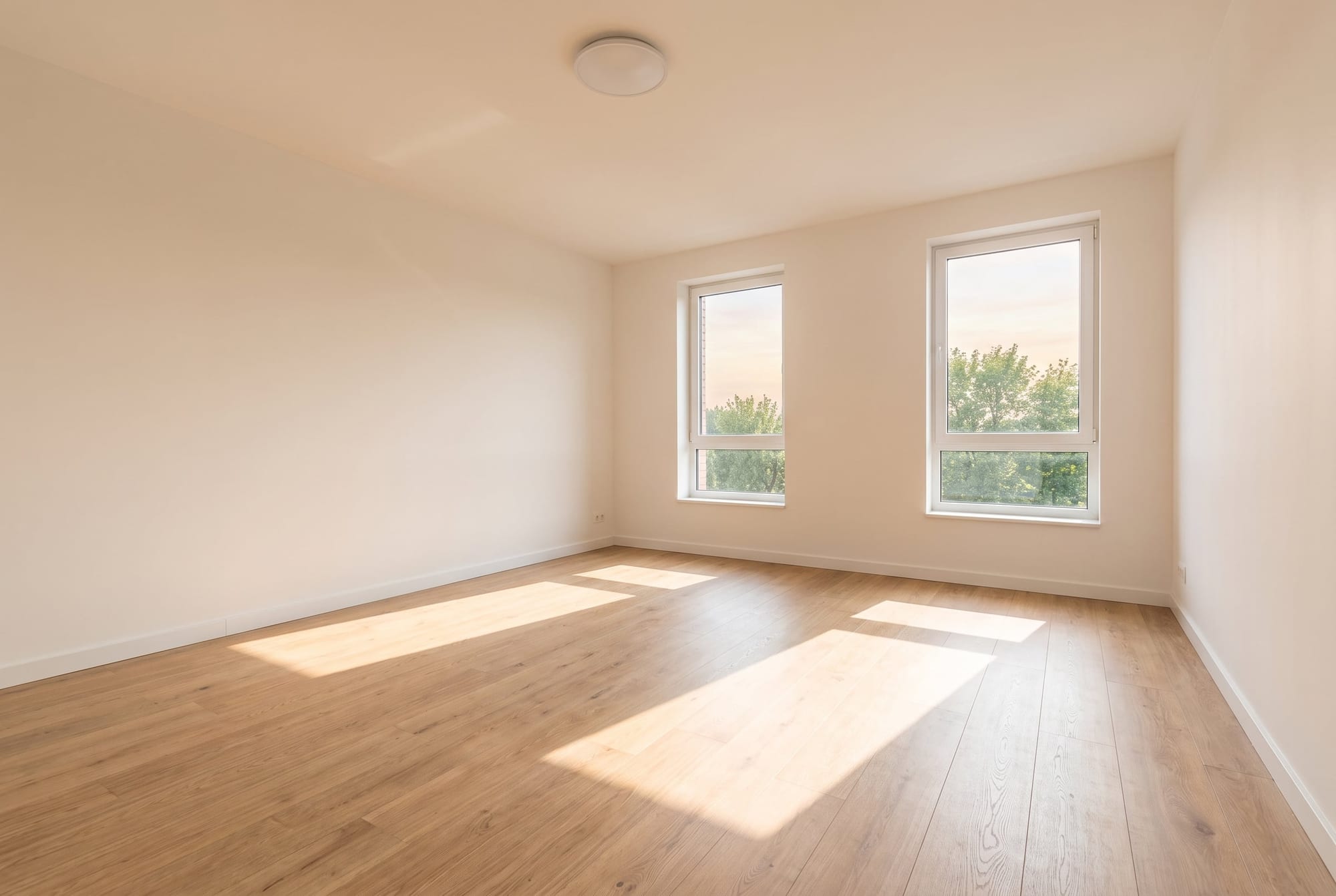 Empty condo living room lit by two windows, a detail a listing description should name instead of calling the room sun-filled