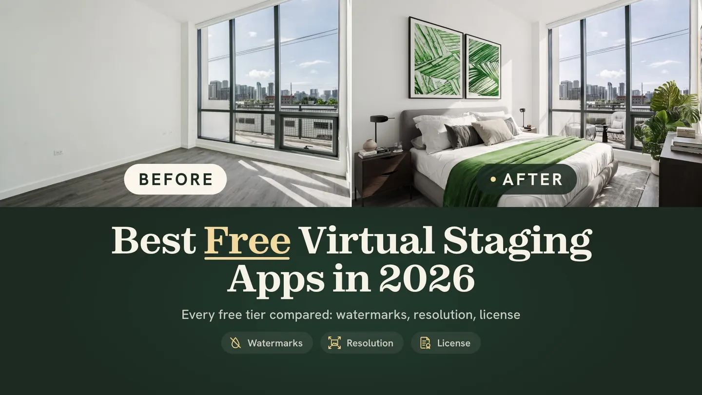 Best free virtual staging apps in 2026: an empty bedroom before and the same room after AI virtual staging, with icons for watermarks, resolution and license