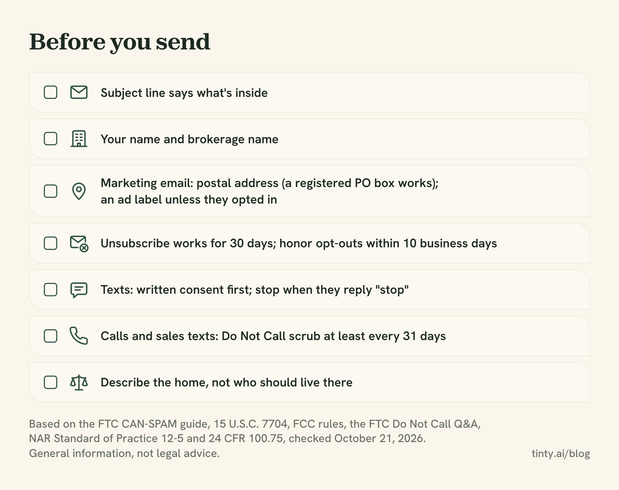 Real estate email rules checklist: honest subject line, brokerage name, postal address and ad label, working unsubscribe, text consent, Do Not Call scrub and fair housing wording