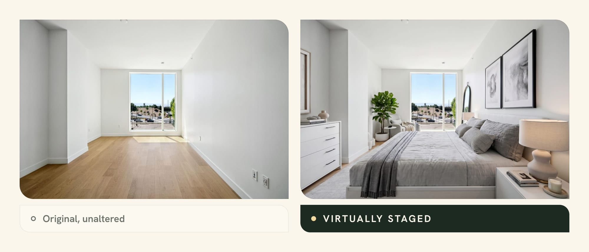 Original empty bedroom photo next to the same room virtually staged, with a Virtually staged caption under it