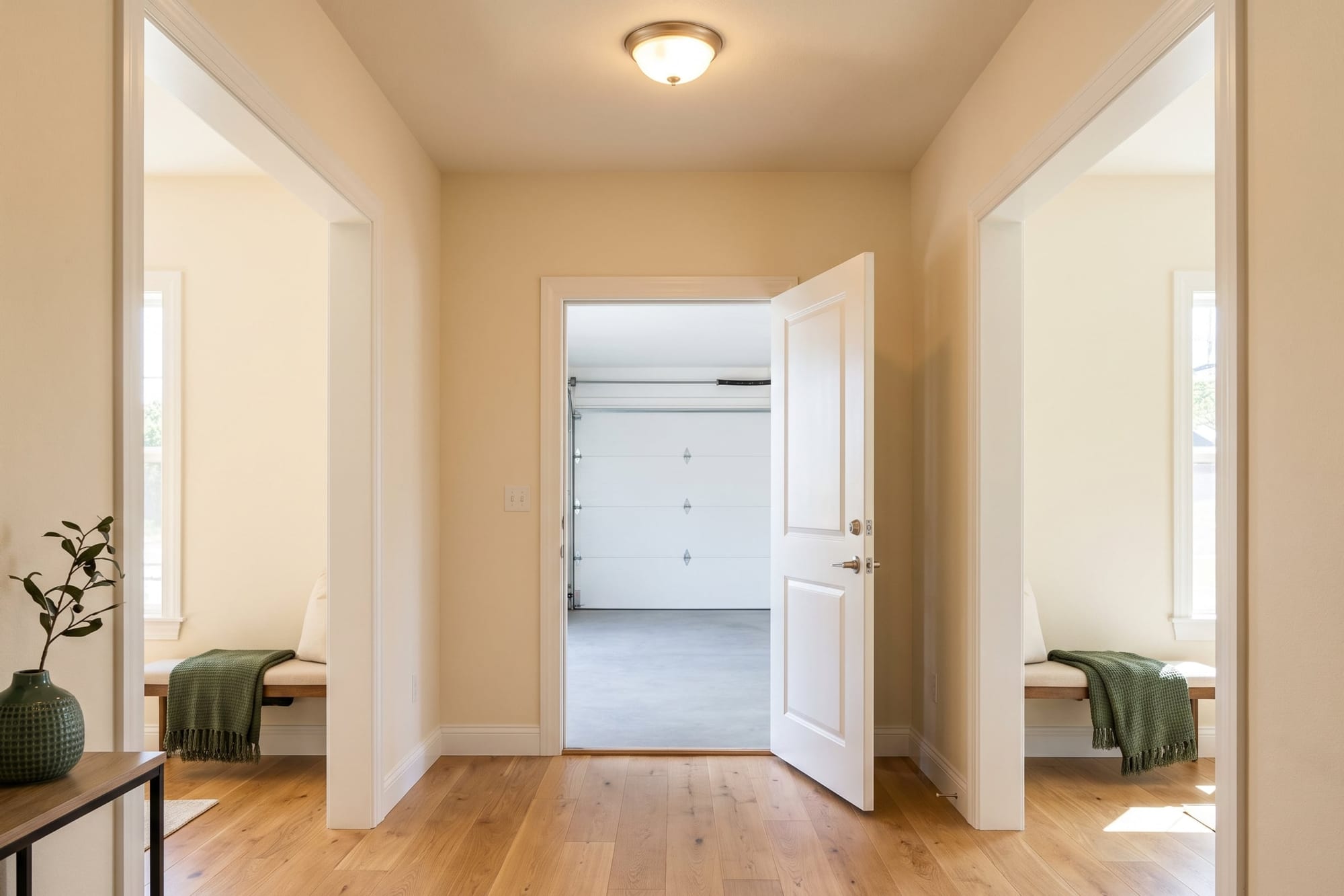 Hallway of a single-level home with a zero-step entry from the garage and wide doorways, features to name instead of the buyers